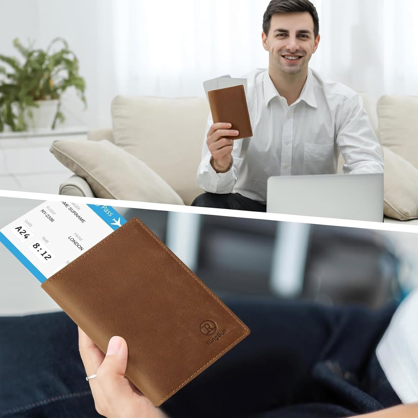 Ringsun Leather Passport Cover for Men Women, RFID Passport Wallet Case Travel Passport Holder for Family