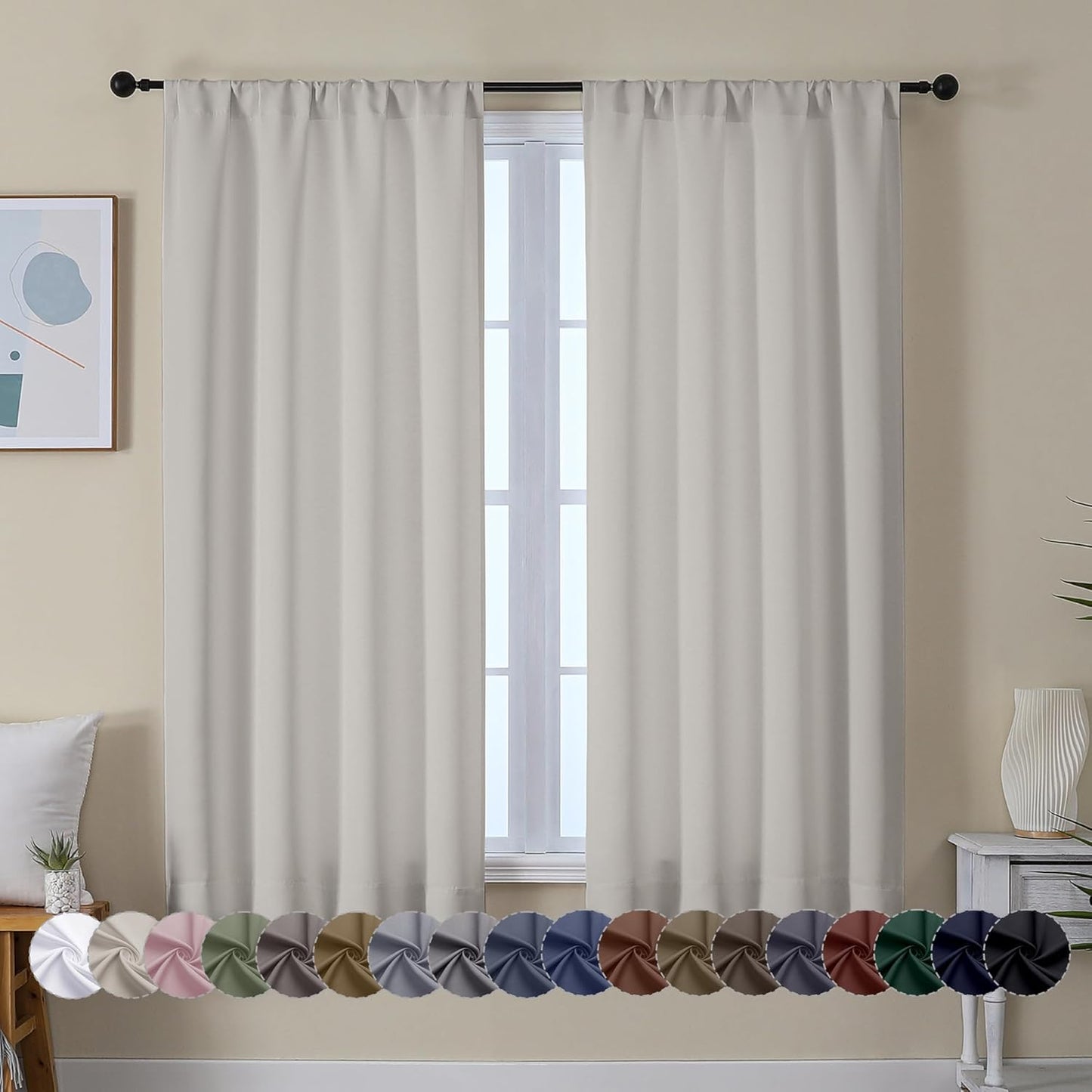 Simplebrand Ava Natural Blackout Curtains for Bedroom 63 Inch Length 2 Panels Set, Solid Thermal Insulated Energy Saving Rod Pocket Window Treatment Curtains Blackout Drapes, W40 x L63 Inch, Natural