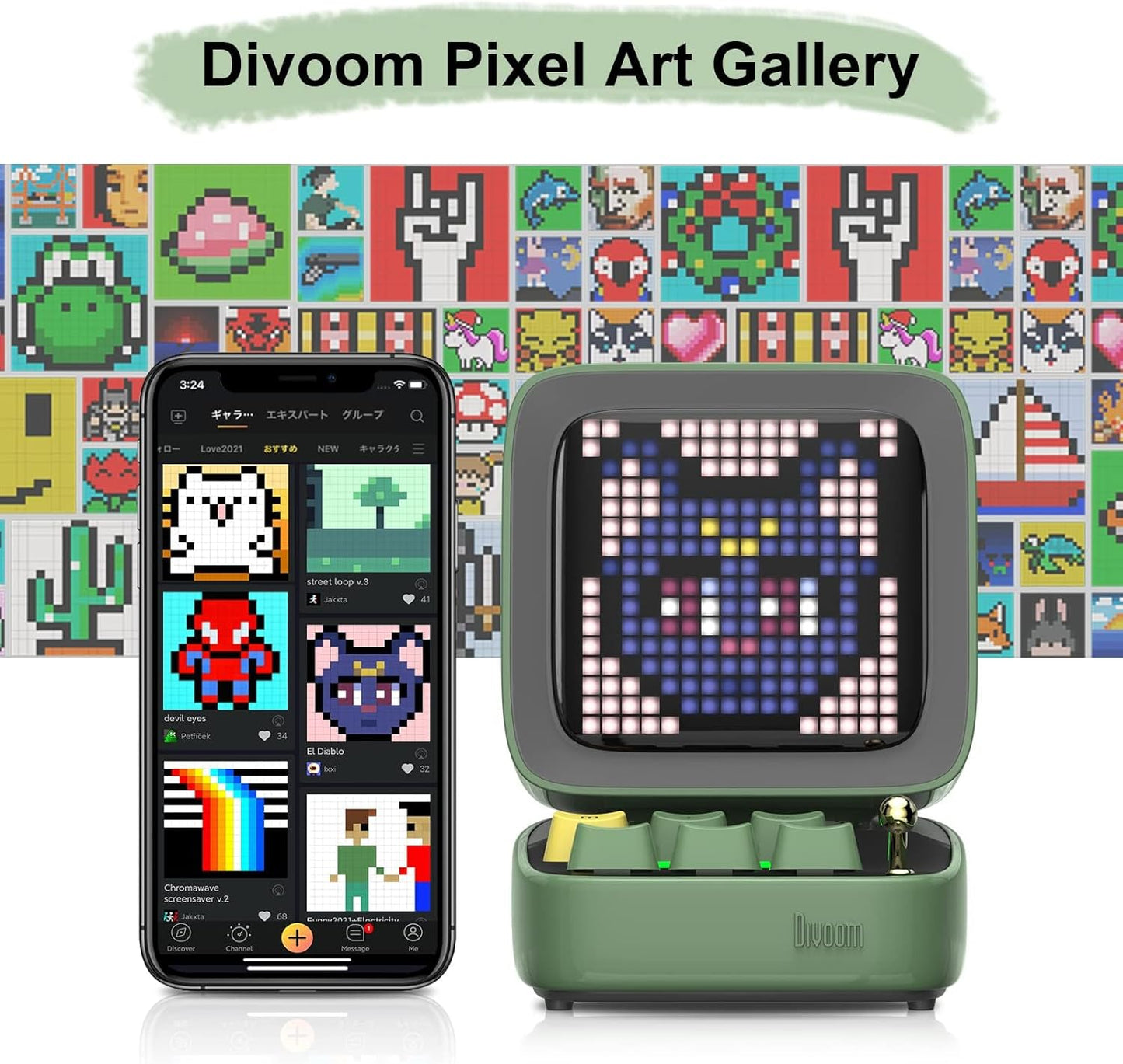Divoom Ditoo Programmable Pixel Art LED-Bluetooth-Speaker Showing-Clock Emoji DIY Design for Home Wedding Party Decoration with Wireless App Control (Green)