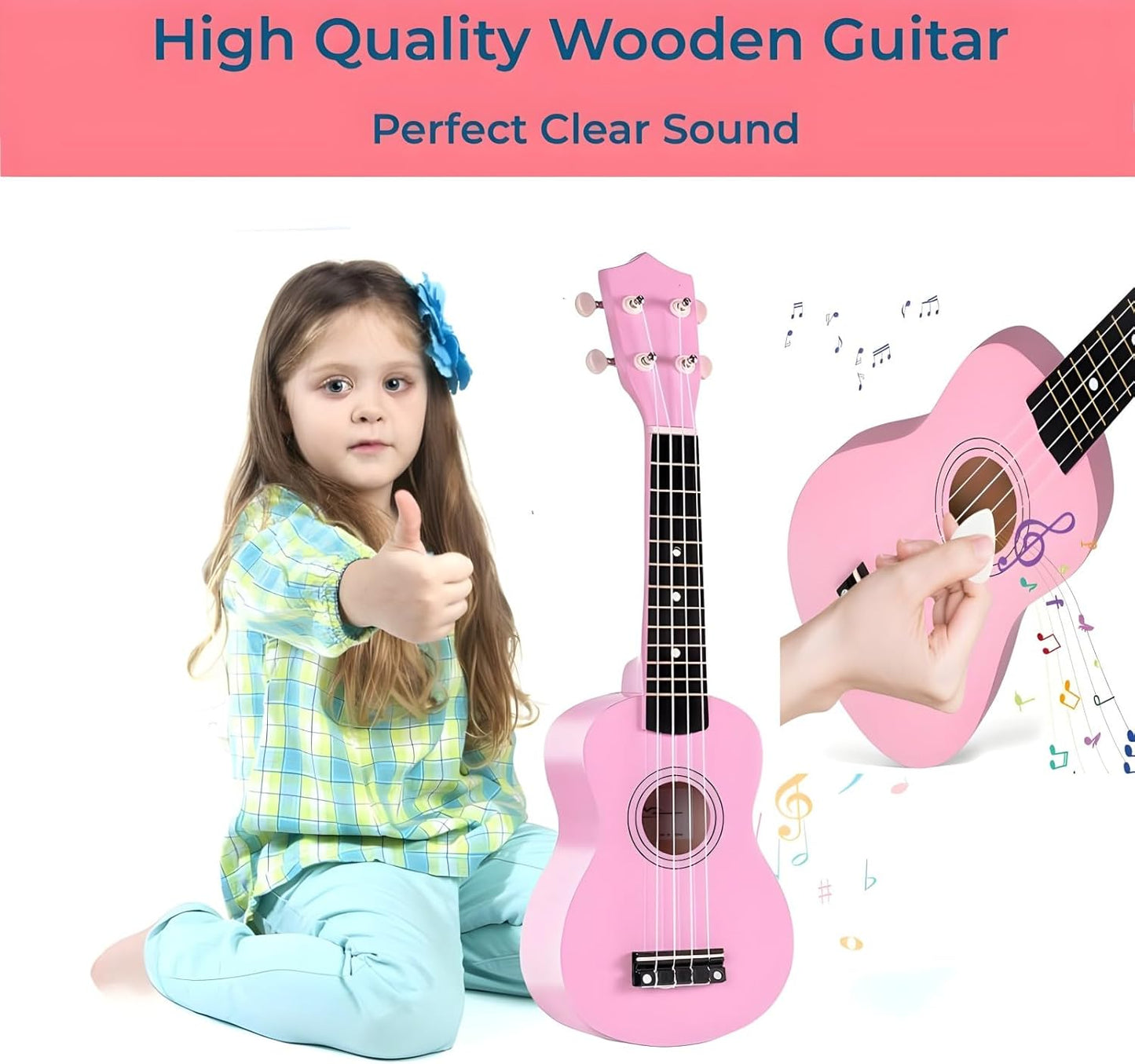 21 Inch Wooden Kids Toddler Child Children Acoustic Guitar Musical Instruments Ideal for 3-9 Year Old Boys Girls Gifts (Pink)