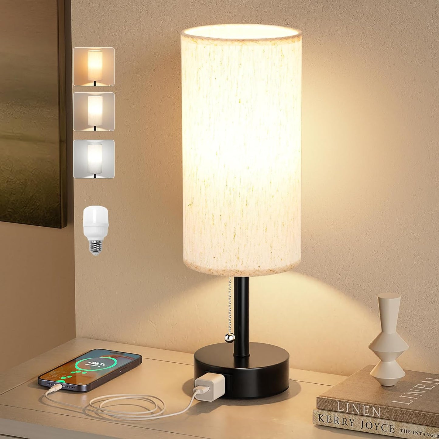 Bedside Table Lamp for Nightstand - 3 Color Temperatures Pull Chain Lamp with AC Outlet Charging Port, Round Night Stand Light for Bedroom Living Room, Small Bed Side Light with E26 LED Bulb