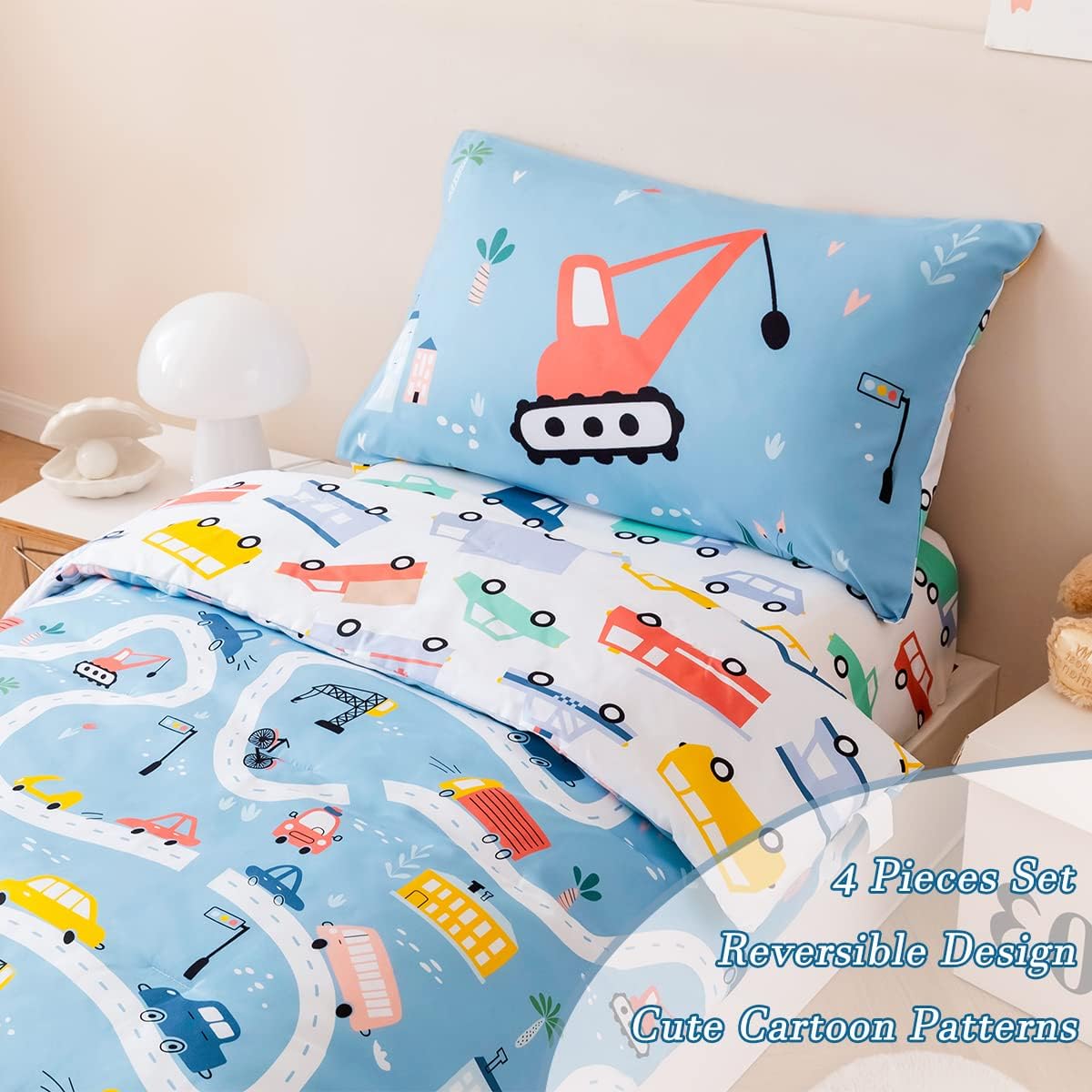 PERFEMET 4-Piece Toddler Bedding Set Boys Cars Toddler Comforter with Sheets Reversible Lightweight Blue Vehicles Toddler Bed Set for Crib(Blue, Cars)