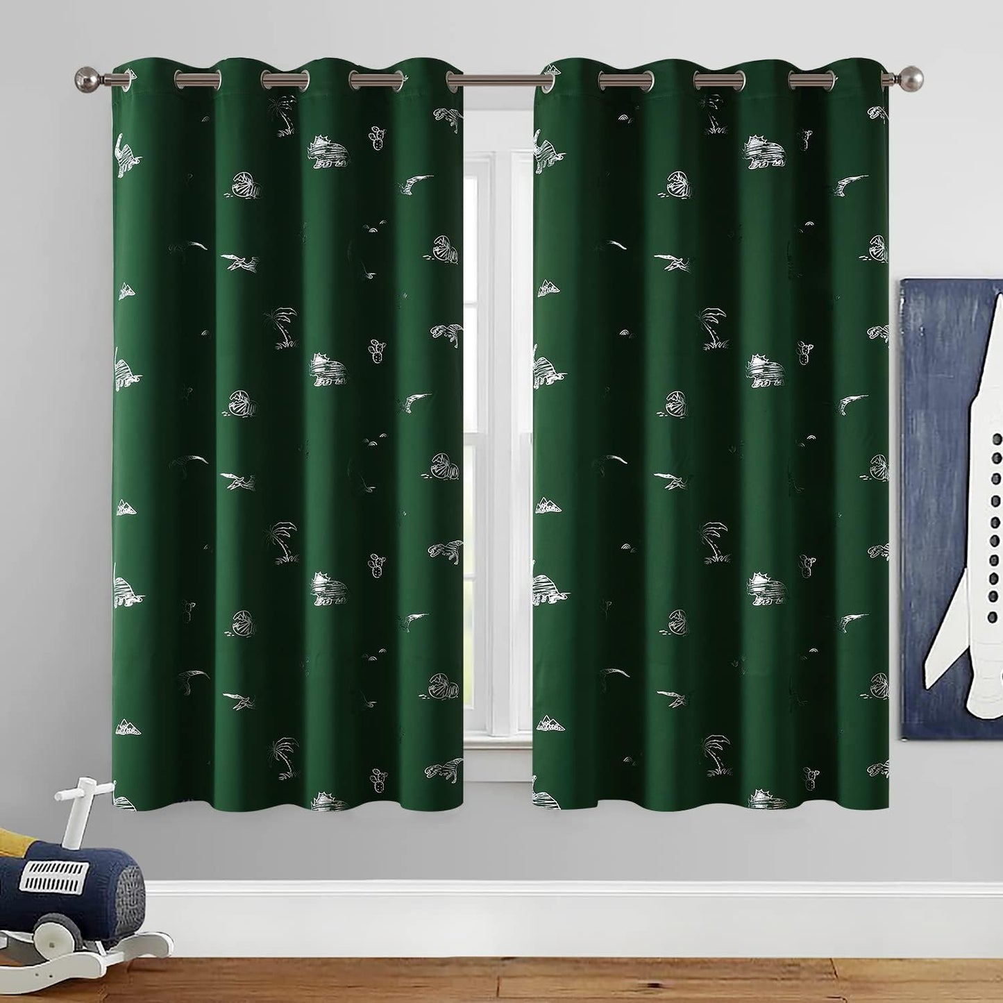 Vangao Kids Curtains Green Blackout Dinosaur Curtains for Boys Kids Nursery Girls Room Silver Dino Foil Print Thermal Insulated Drapes Grommet Top Window Treatments 63 Inches Length 2 Panels