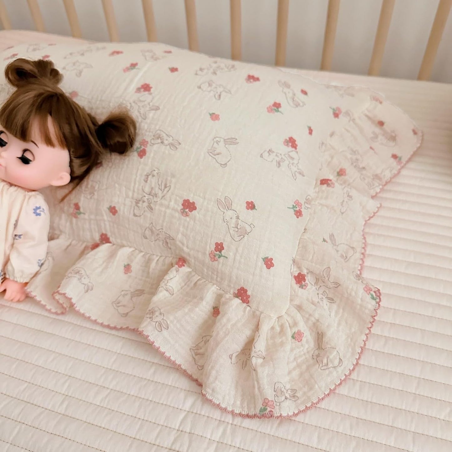 BuLuTu Rabbit Floral Toddler Pillowcase Muslin Cotton Kids Pillow Case Standard Size, 20"x26", Soft Breathable Children Bedding Pillow Cover for Girls Boys,1 Piece, Bunny Pattern