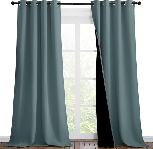 NICETOWN Greyish Blue Blackout Curtains 90 inches Long, Full Light Blocking Drapes with Black Liner for Nursery, Thermal Insulated Draperies for Hall, Villa (2 Pieces, 46" Wide Each Panel)