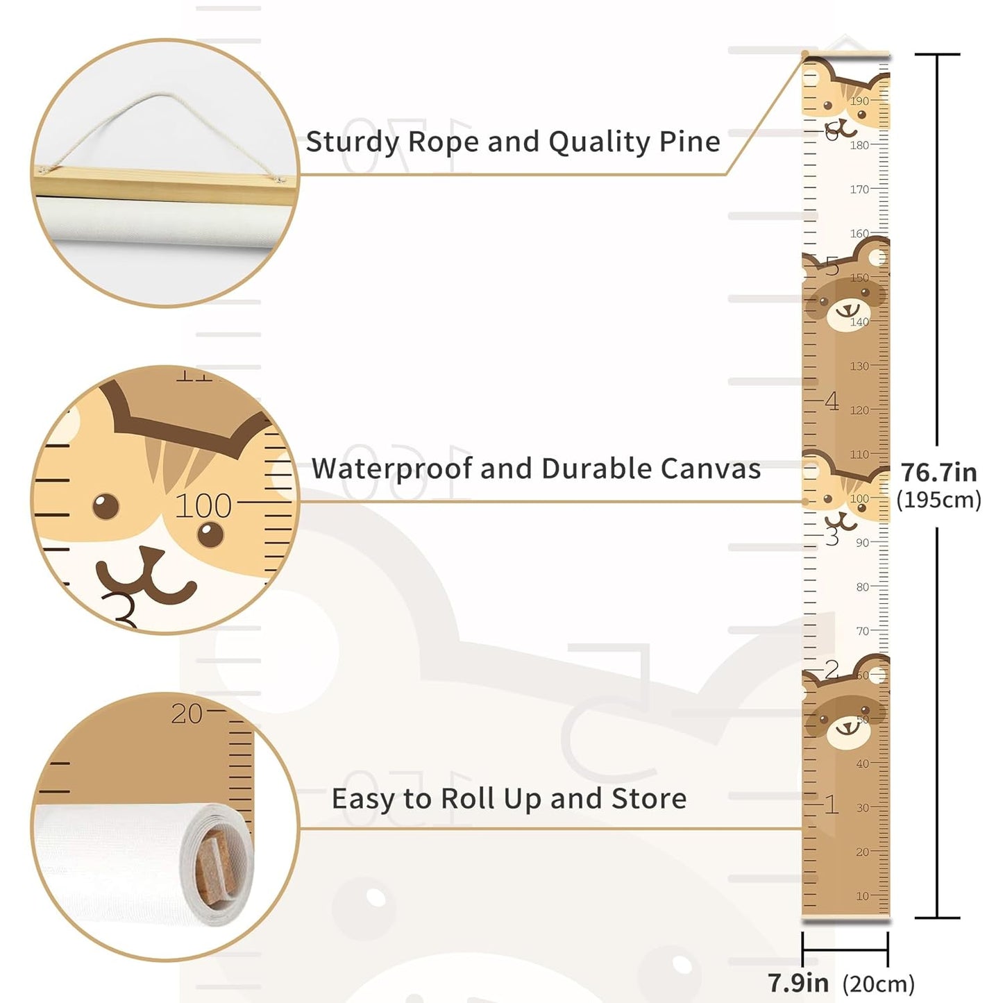 Kids Height Wall Chart in Inch Child Measurement Ruler Growing Tracker Canvas Growth Charts Toddler Bedroom Nursery Room Playroom Decor