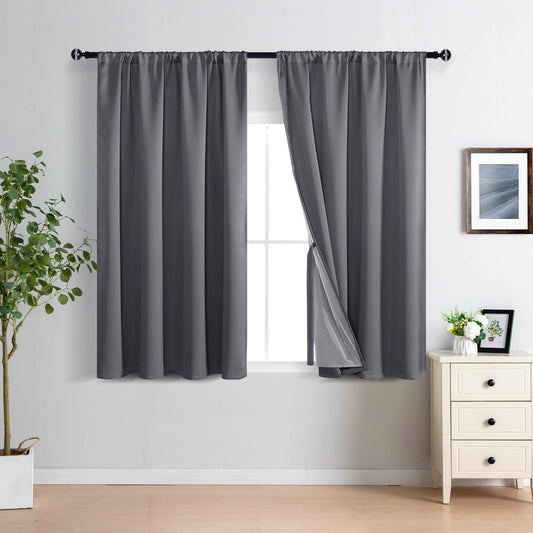 XWZO 100% Blackout Curtains 45 Inches Long with Tiebacks- Privacy Protection & Noise Blocking Rod Pocket Window Draperies with Black Liner for Bedroom/Living Room, Dark Grey, W52 x L45, Set of 2