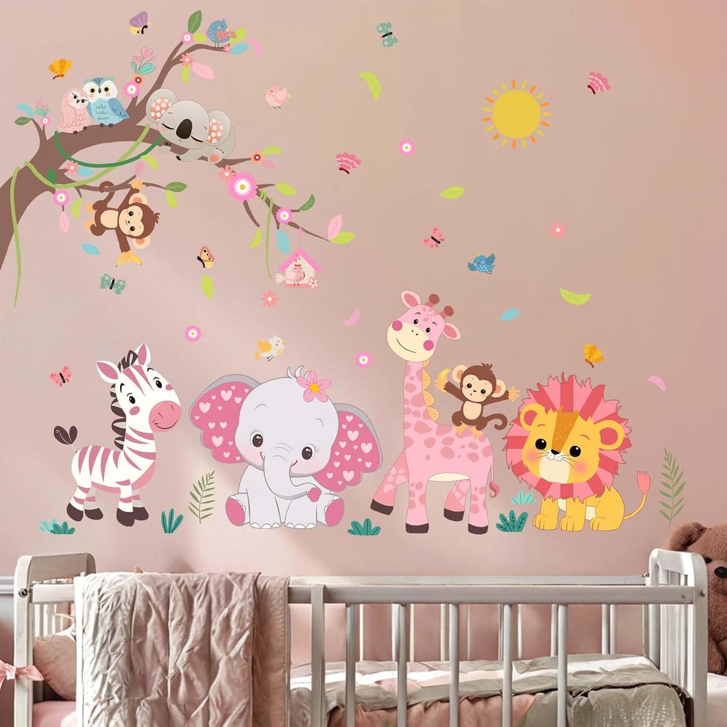 Pink Forest Baby Animals Wall Decals - Elephant Lion Giraffe Monkey Zebra Wall Stickers - Nursery Kids Girls Boys Room Daycare Playroom Classroom Wall Decor