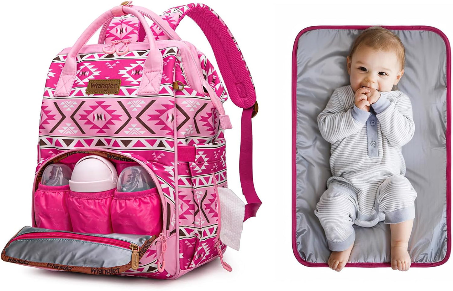 Wrangler Aztec Backpack Multifunction Baby Travel Bag with Changing Pad, Stroller Straps and Pacifier Case WG2204-91103PK