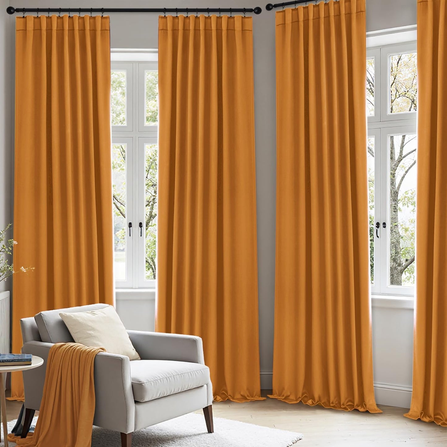 ANRODUO Back Tab Blackout Curtains for Bedroom Living Room, Rod Pocket Pinch Pleated Thermal Insulated Room Darkening Curtains 72 Inches Long 2 Panels, Mustard Yellow, 42 x 72 Inch