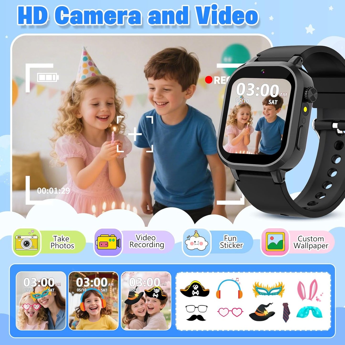 Kids Waterproof Smart Watch Boys Gift Age 3-12 with 39 Game HD Touch Screen Music Player Video Camera Pedometer Alarm Clock Birthday Gift for 6 7 8 9 Year Olds Black