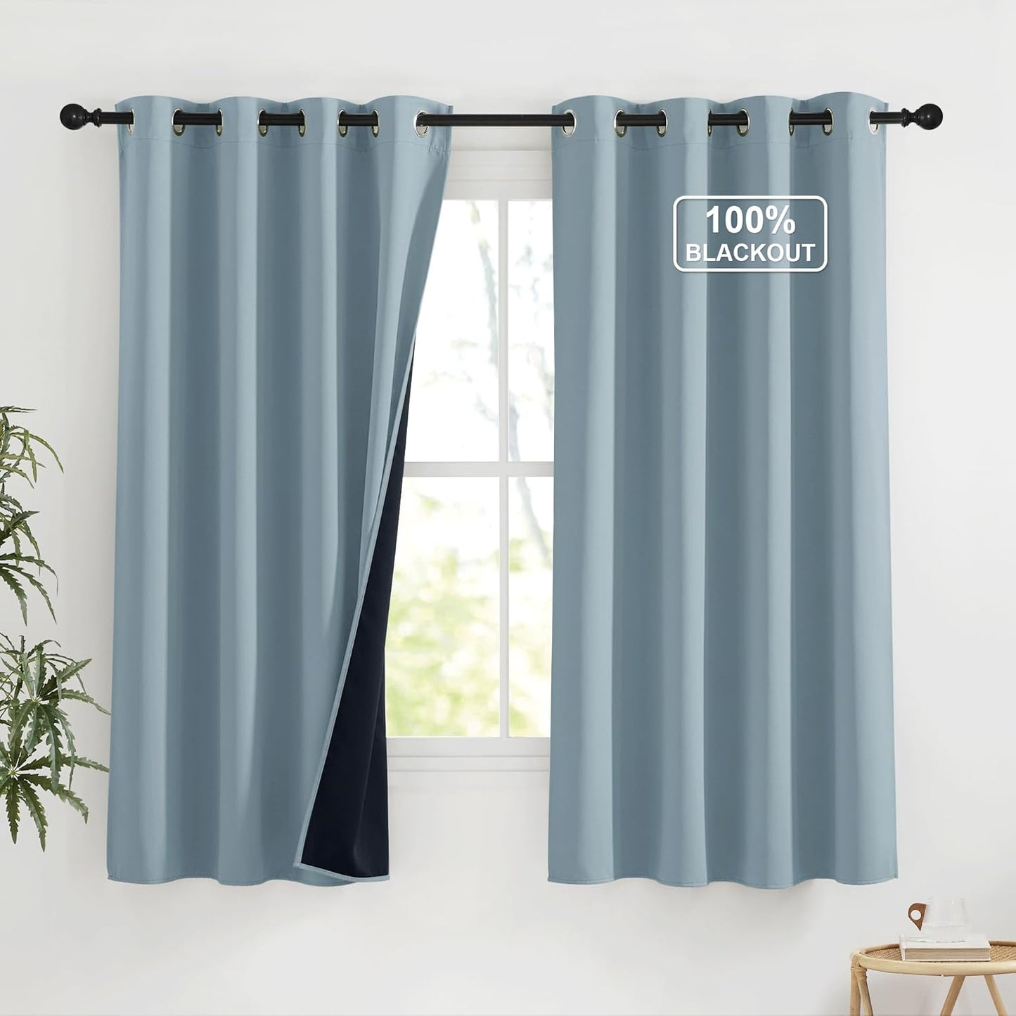 NICETOWN Blackout Curtains 63 Inches Long Room Darkening Thermal Insulated Energy Saving Smart Grommet Short Plylux Curtain Draperies for Kitchen, 2 Panels, Greyish Blue, 52 x 63