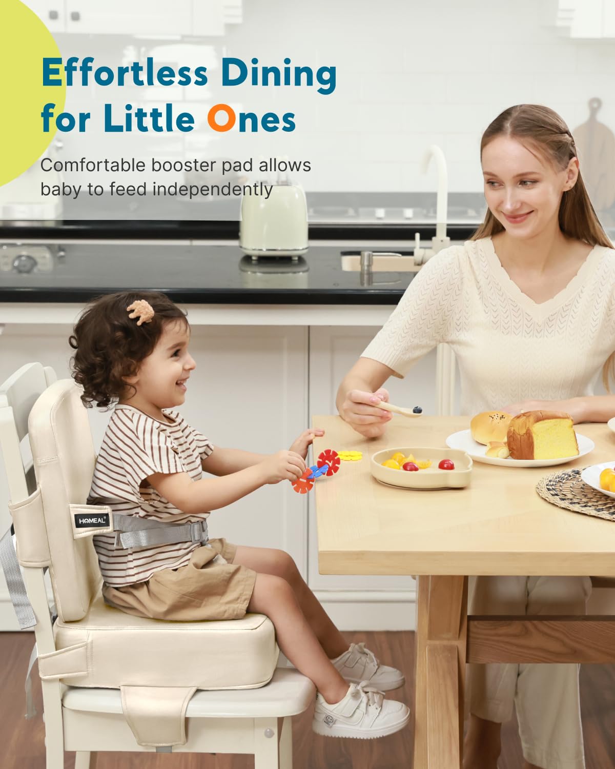 HOMEAL Toddler Booster Seat for Dining Table - Toddler Dining Cushion with Wipeable Surface -Booster Seat for Kitchen Chair with Easy-Install Straps - Breathable Fabric - Beige