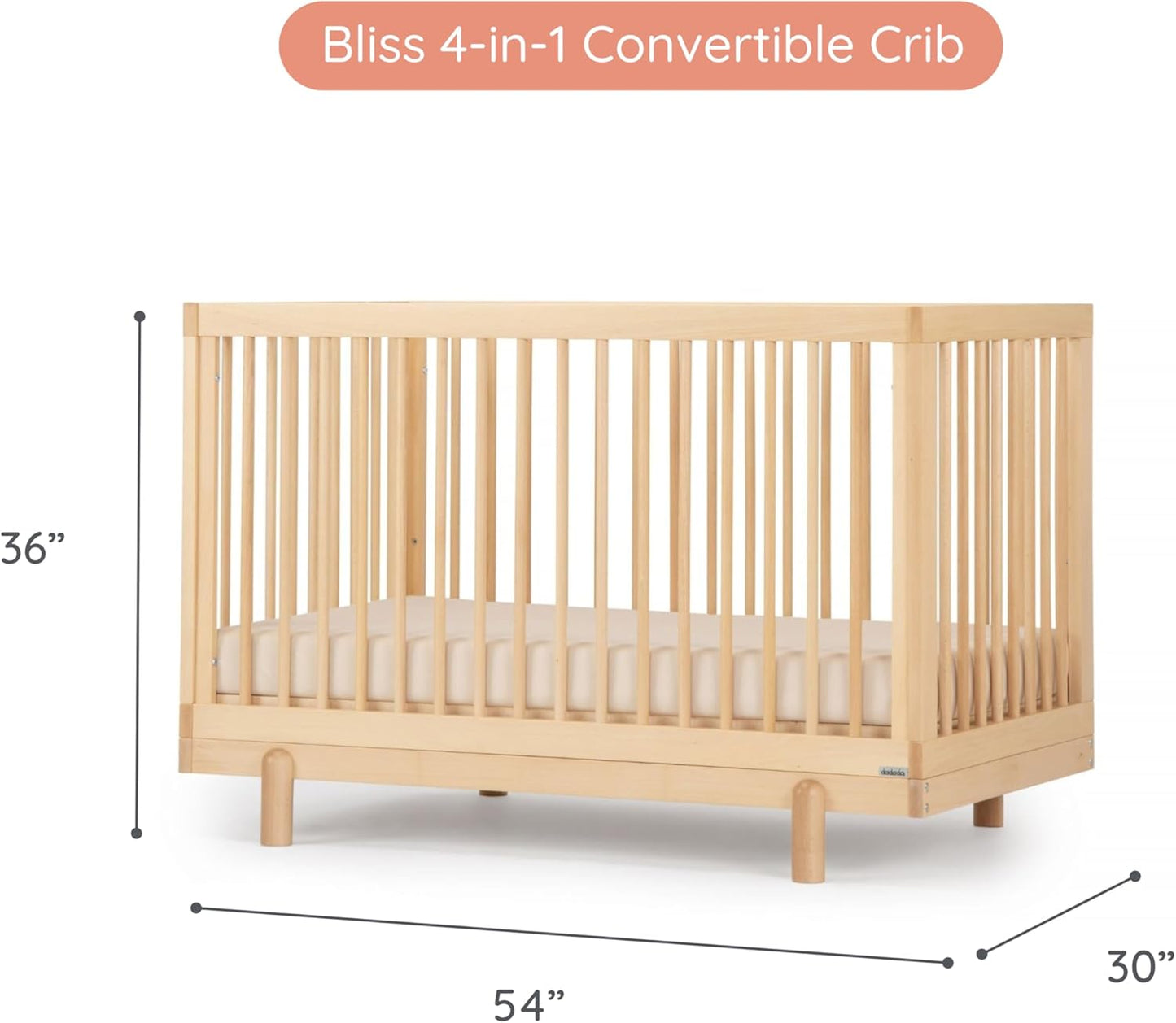 dadada Baby Bliss 4 in 1 Convertible Crib to Toddler Bed & Floor Bed – Made in Italy, GREENGUARD Gold Certified, Baby-Safe Finish, Sustainable Beech Wood, Modern Design, 4 Adjustable Heights (Natural)