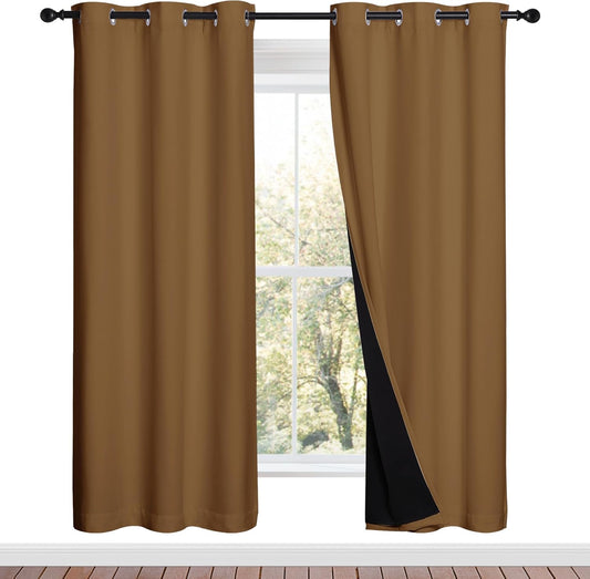 NICETOWN 100% Blackout Window Curtain Panels, Gold Brown, 2 Pieces, 42-inch Wide Per Panel, Full Light Blocking Drapes with Black Liner for Nursery, 72-inch Drop Thermal Insulated Draperies