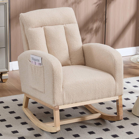 NIOIIKIT Nursery Rocking Chair, Teddy Upholstered Glider Chair with Side Pocket, Glider Rocker Chair with Tufted Back, Comfy Accent Nursing Chair for Living Room (Beige Modern)