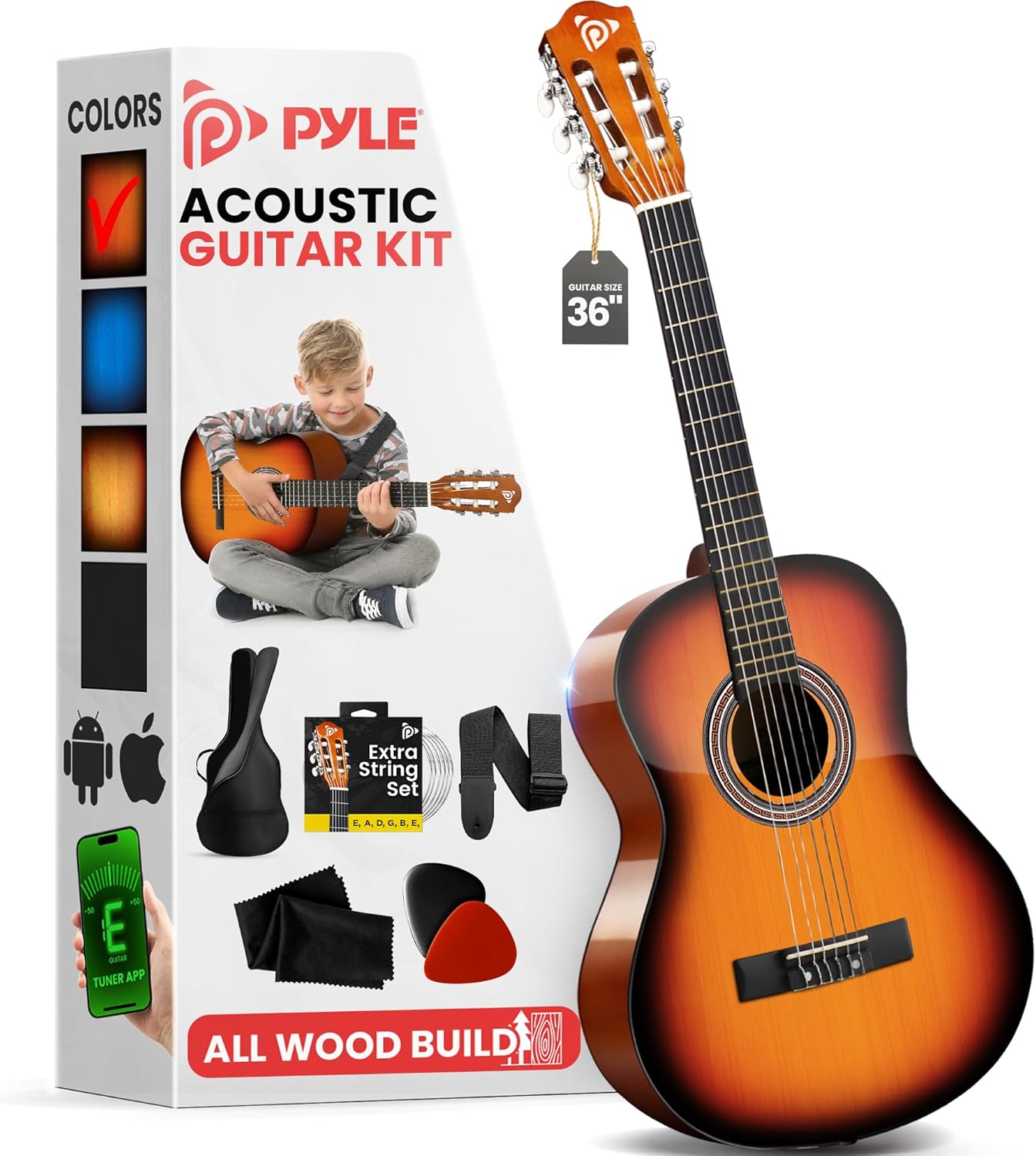 Pyle Beginner Acoustic Guitar Kit, 3/4 Junior Size All Wood Instrument for Kids, Adults, 36" Sun Burst, Gloss
