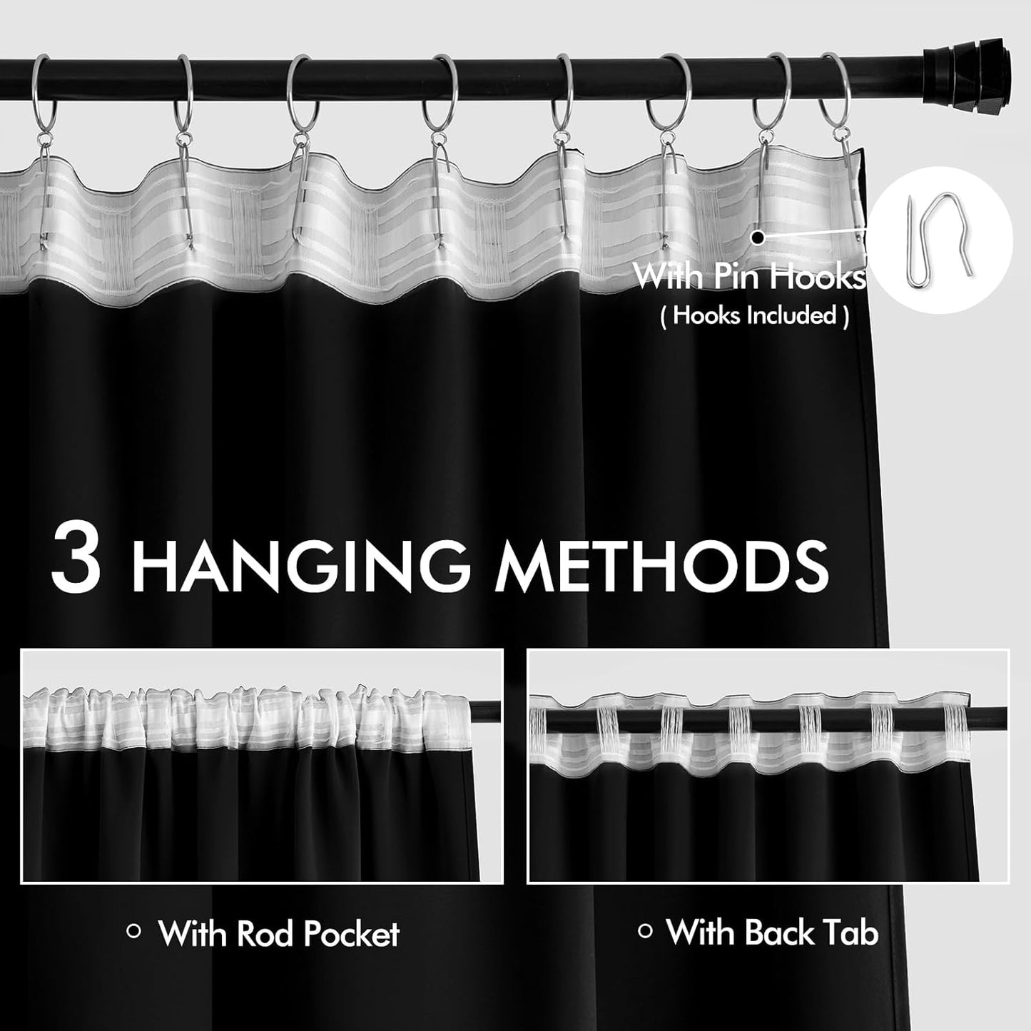 MIULEE 2 Panels Back Tab Blackout Curtains 96 Inch Long for Living Room Bedroom, Halloween Black Rod Pocket/Pinch Pleated Thermal Insulated Room Darkening Light Blocking Floor to Ceiling Curtain/Drape