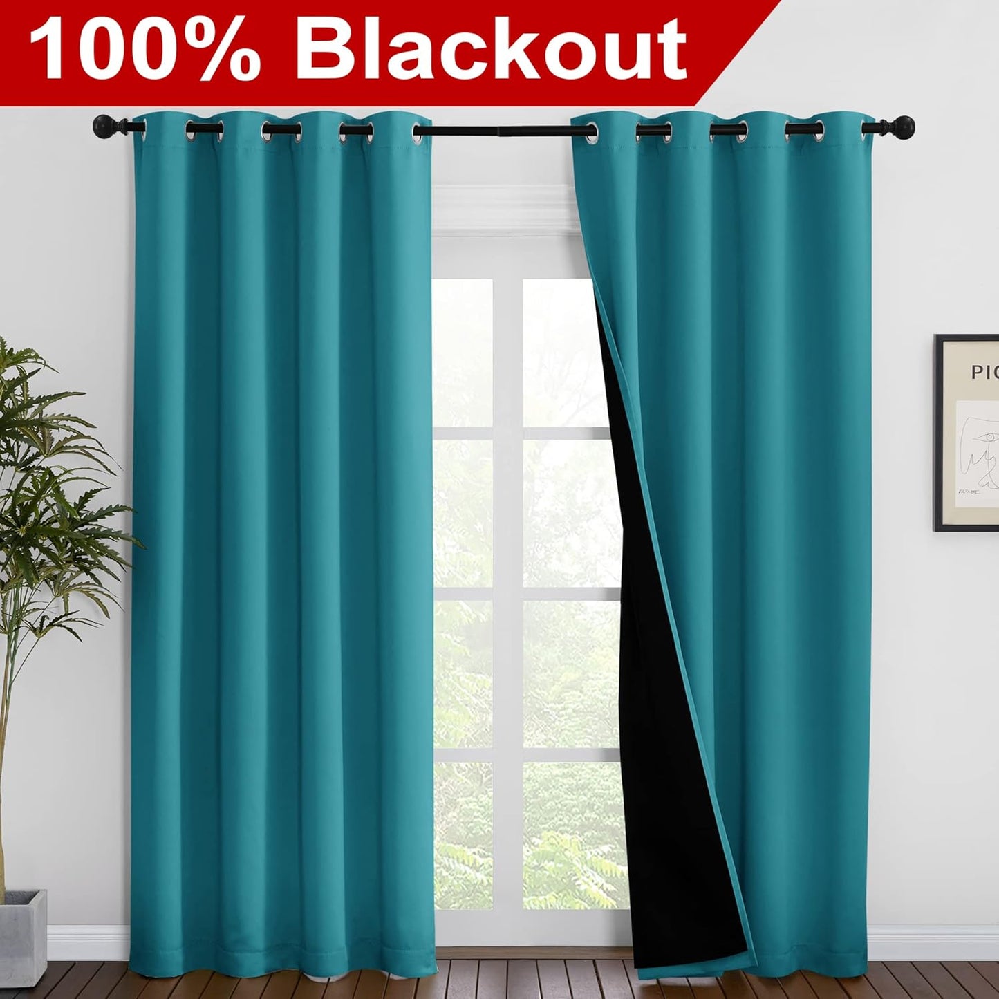 NICETOWN 100% Blackout Curtains 86 inches Long, Pair of Energy Smart & Noise Blocking Out Drapes for Baby Room Window, Thermal Insulated Guest Room Lined Window Dressing(Peacock Teal, 55 inches Wide)