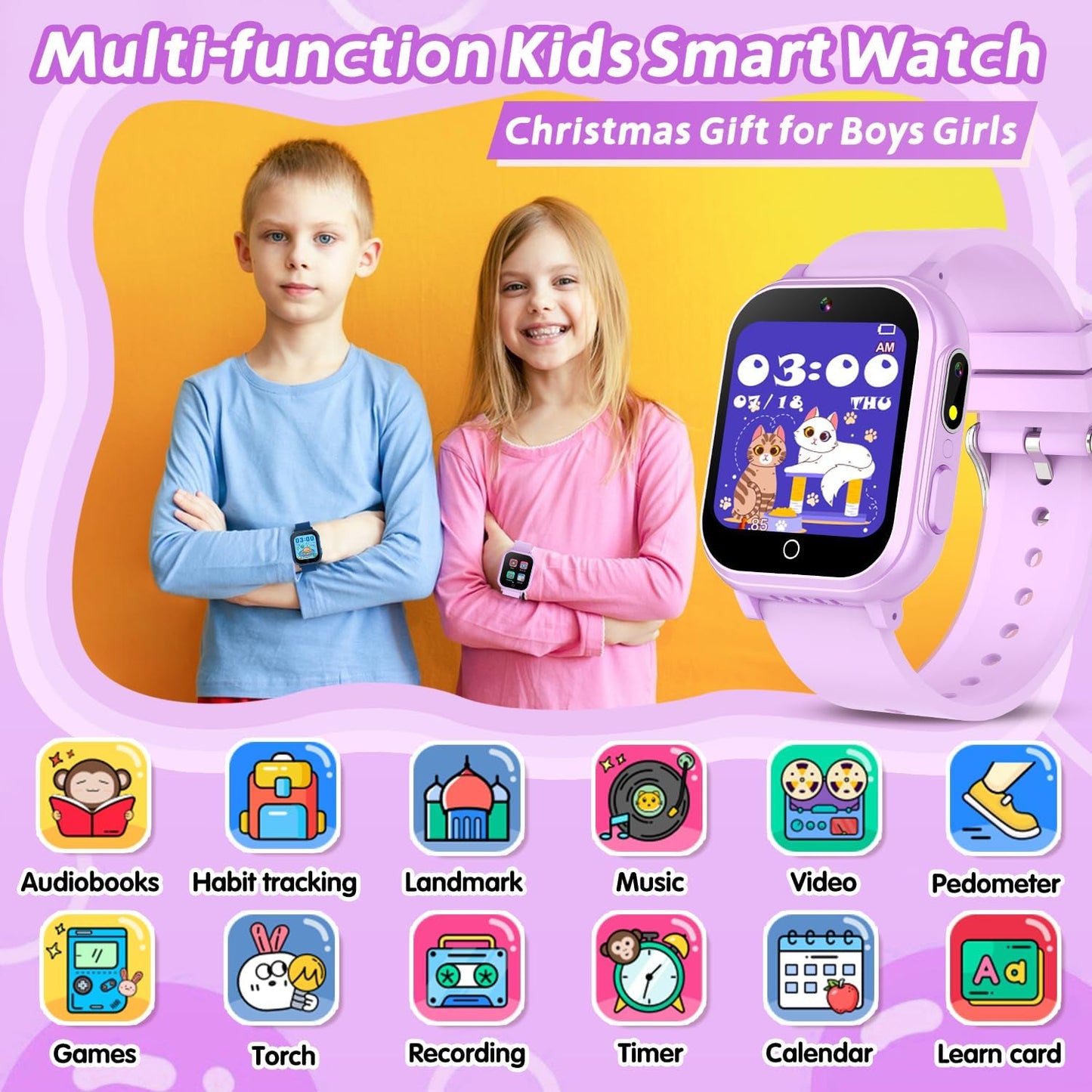 Kids Waterproof Smart Watch Gift for Girls Age 5-12, 32 Games HD Touchscreen Kids Watch with Dual Camera Video Music Player Pedometer Learn Cards 12/24hr Toys Birthday Gifts for Girls Ages 6 7 8 9