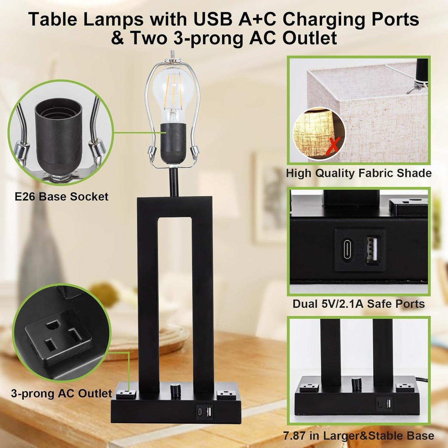 Modern Table Lamps Set of 2-22" Tall Bedside Lamps with USB-C/USB-A Charge Ports & Outlet, Stepless Dimmable Fabric Cream Shade Nightstand Lamps for Bedroom & Living Room