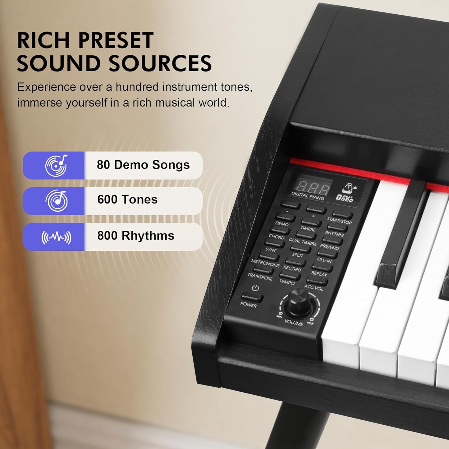 88 Key Digital Piano Keyboard for Beginners,Full Size Electric Piano Semi-Weighted Keyboard with Sheet Music Stand,Pedal,Headphone,Power Adapter,USB-MIDI Compatibility,Wood Grain Black