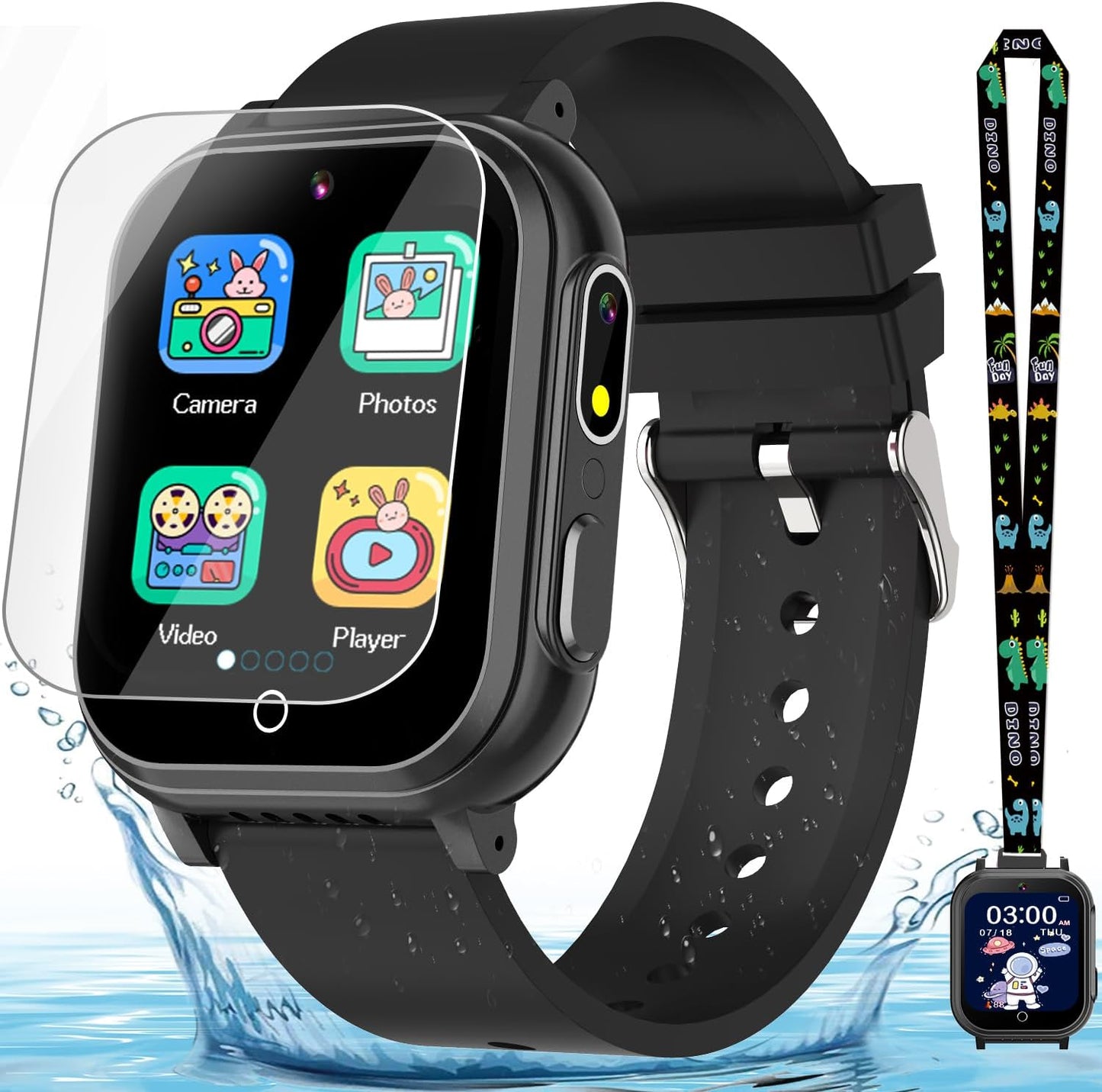 Kids Waterproof Smart Watch Gift for Boys Ages 3-12, 32 Puzzle Games, HD Touchscreen, Dual Camera, Vedio Pedometer Music Player, Kids Watch Toy Birthday Gifts for Boys Ages 5 6 7 8 9 10 (Black)