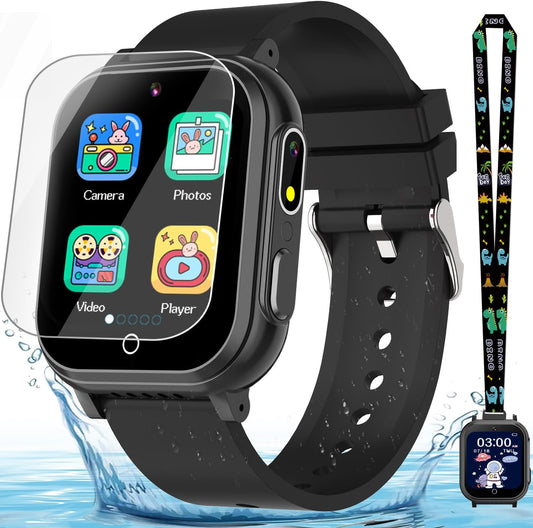 Kids Waterproof Smart Watch Gift for Boys Ages 3-12, 32 Puzzle Games, HD Touchscreen, Dual Camera, Vedio Pedometer Music Player, Kids Watch Toy Birthday Gifts for Boys Ages 5 6 7 8 9 10 (Black)