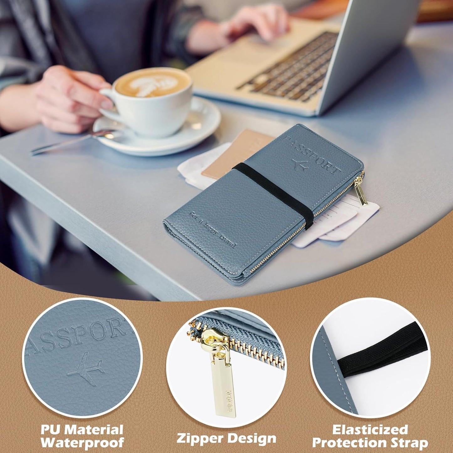 Travel Passport Wallet, RFID Blocking Passport Holder with Zipper, Passport Cover for Women Men, PU Leather Travel Document Organizer with Card Slots, Gift for Family Friends, Blue