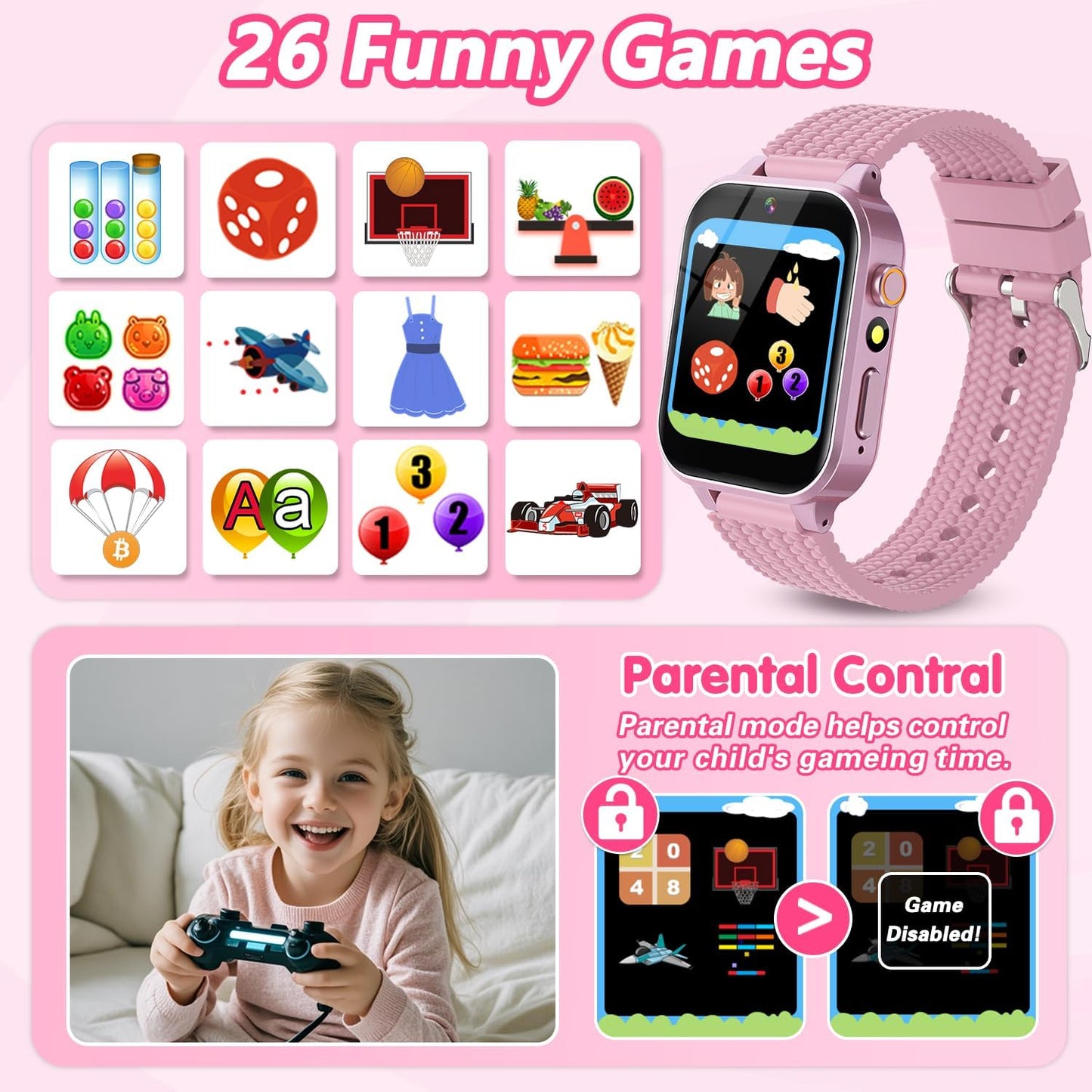 Smart Watch for Kids Girl Gift Ages 3-12, 2 Screen Protector, 26 Puzzle Games, HD Camera Video Music Player Touchscreen Pedometer, Educationtal Toy Brithday Gifts for Girl Ages 4 5 6 7 8 9 10(Pink)