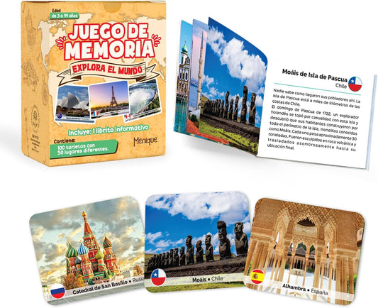 Menique Explore The World Memory Matching Game – Spanish Edition – 100 Cards (50 Pairs) with Iconic Landmarks, Country & Flag – Educational Geography Game in Spanish.