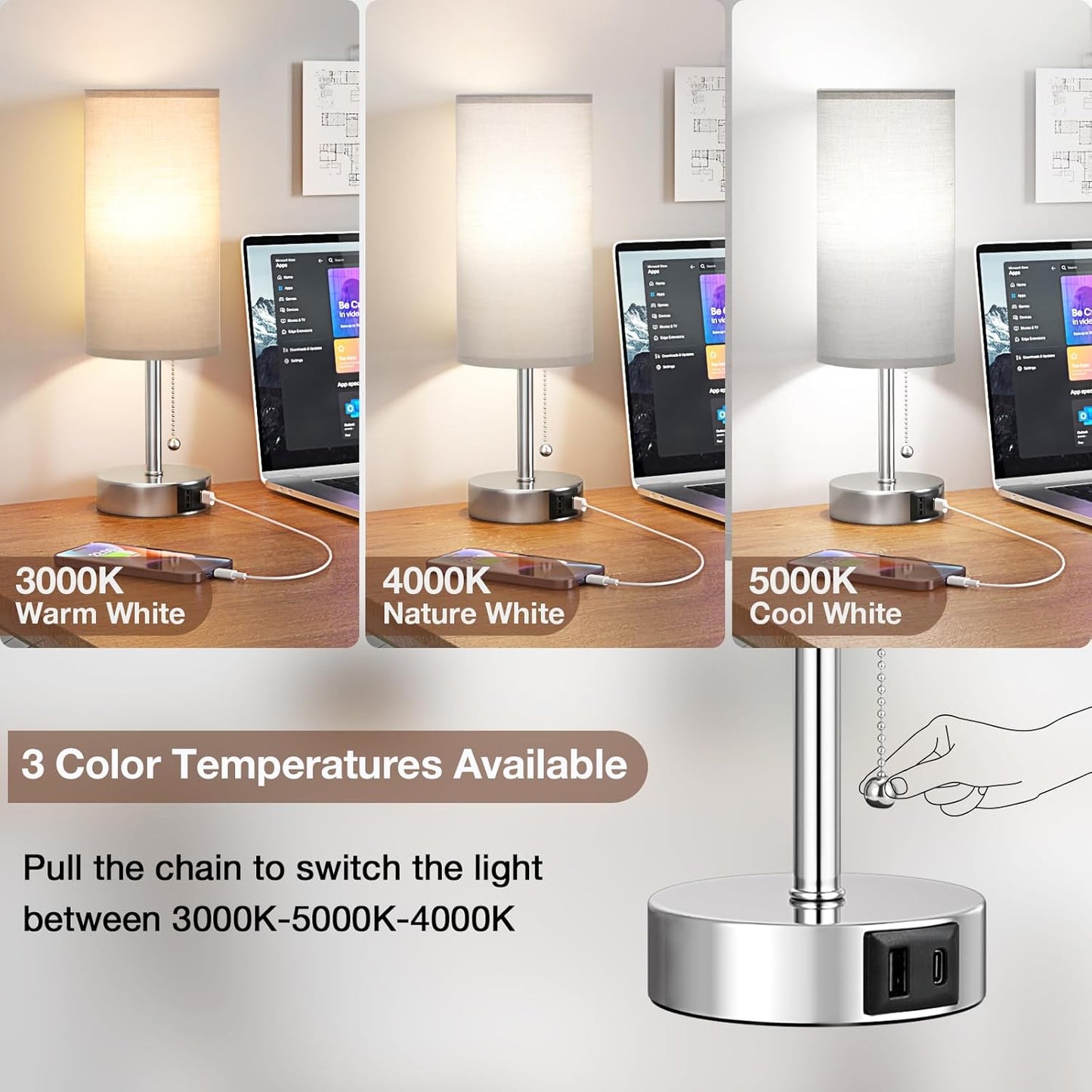 Silver Bedside Lamps for Bedroom Set of 2 - Nightstand Table Lamp with USB A + C Charging Port, 3 Color Temperatures Pull Chain Night Stand Light, Side Table Desk Reading Lamp for Living Room/Dorm