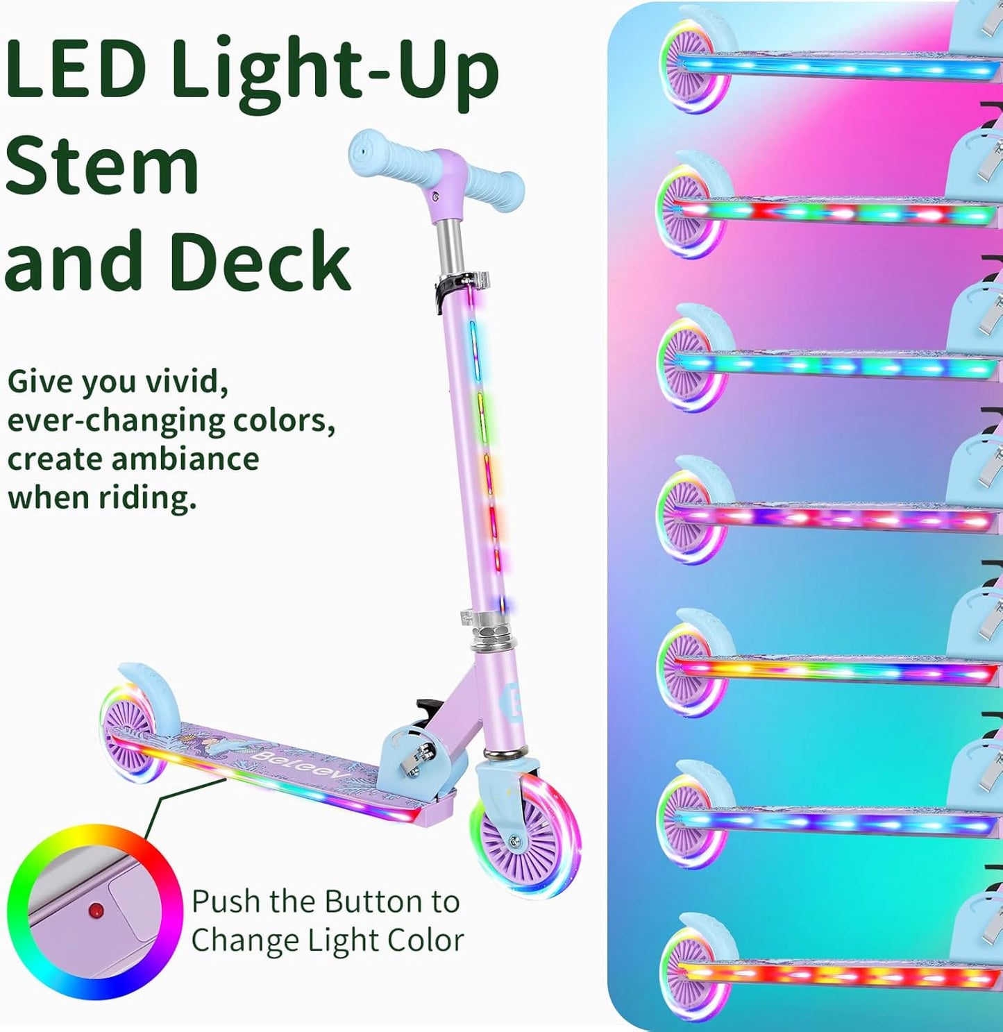 BELEEV V2 Scooters for Kids with Light-Up Wheels & Stem & Deck, 2 Wheel Folding Scooter for Girls Boys, 3 Adjustable Height, Non-Slip Pattern Deck, Lightweight Kick Scooter for Children Ages 3-12