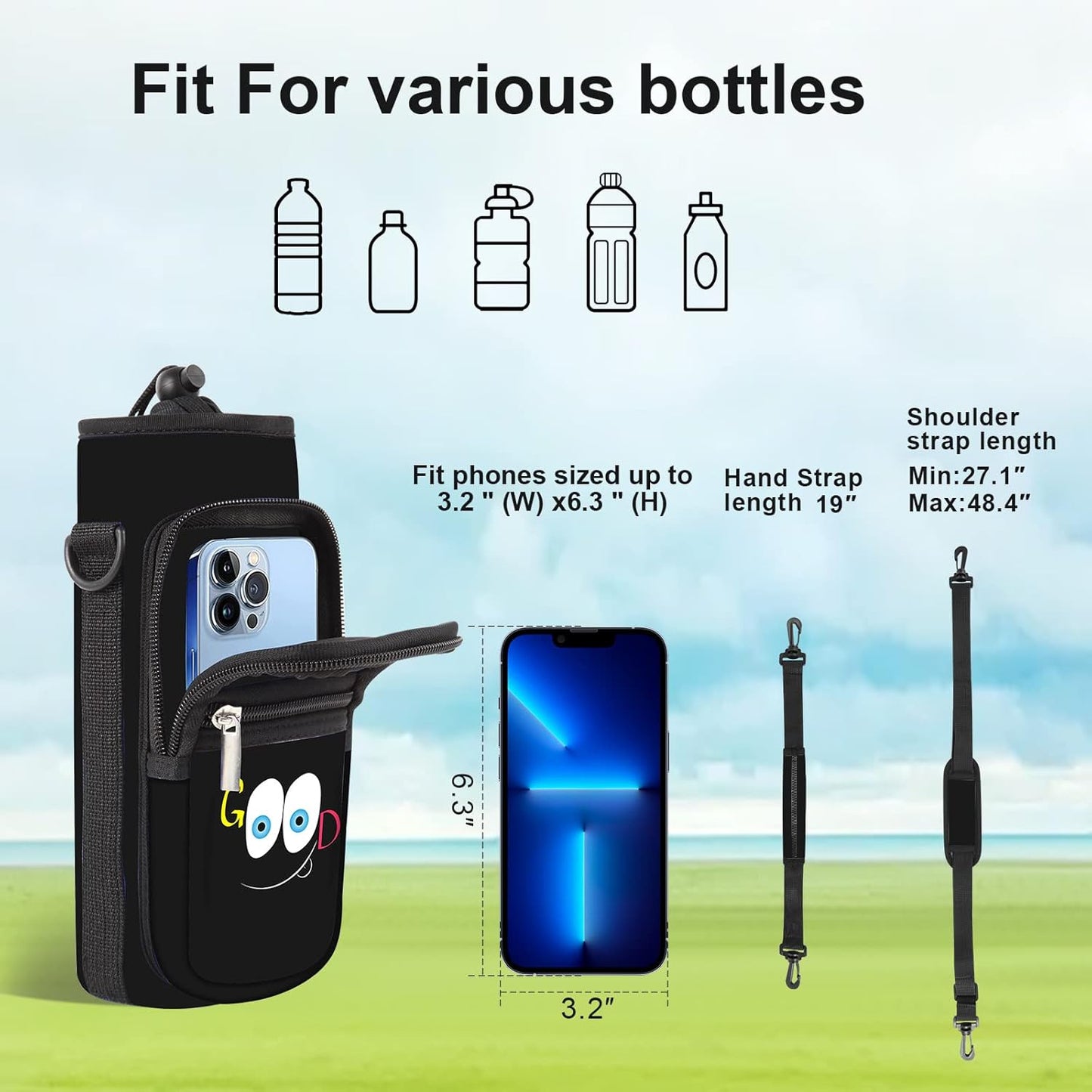 25/32/40/64oz Water Bottle Bag Holder Carrier-Insulated Crossbody Sling Case Sleeve with Strap & Pockets for Men Women Gym Cycling Travel Walking Hiking Camping