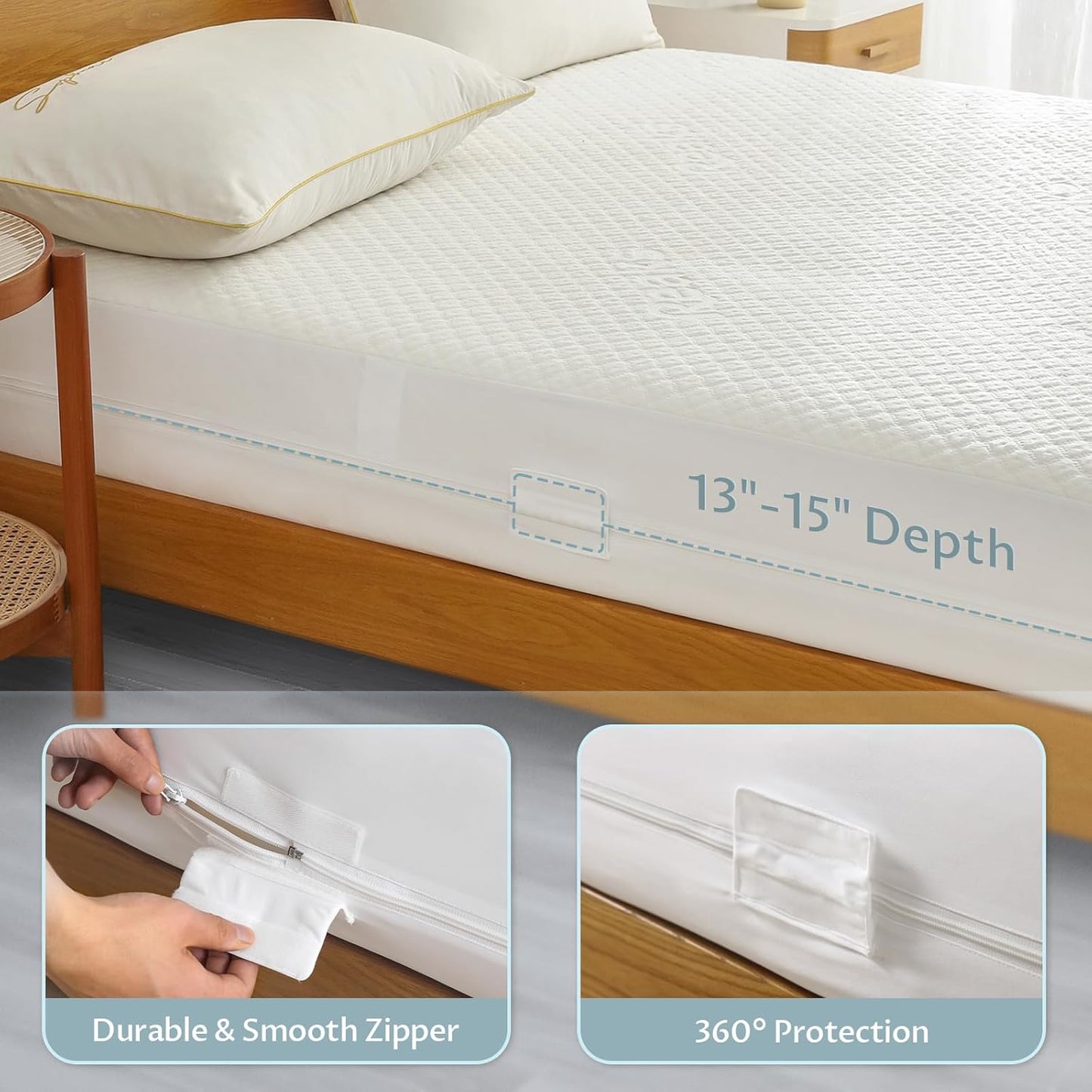 Full Size Mattress Protector with Zipper - 100% Waterproof Zippered Mattress Cover - Soft & Cooling Noiseless Bed Mattress Covers - Top Removable Mattress Encasement 13-15" Deep