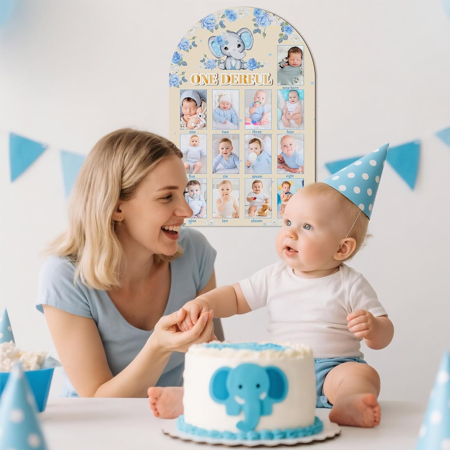 R HORSE My First Year Photo Display Wood Board - 3D Blue Elephant Baby's First Year Picture Frame, 12 Months Milestone Board Neutral Baby Keepsake Gift 1st Birthday Nursery Decor for Boy Girl