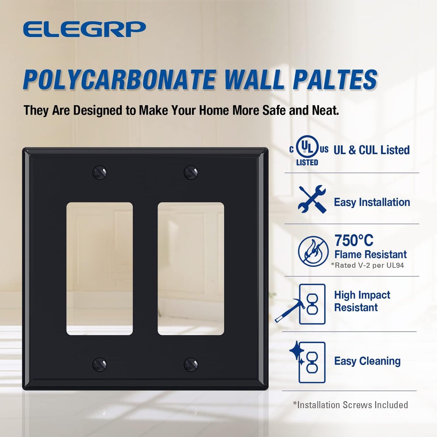 ELEGRP 2-Gang Decorative Wall Plates, Mid-Size 4.88" H x 4.94" L Unbreakable Thermoplastic Faceplate Cover for Decorator Receptacle Outlet Switch, UL Listed (2 Pack, Glossy Black)