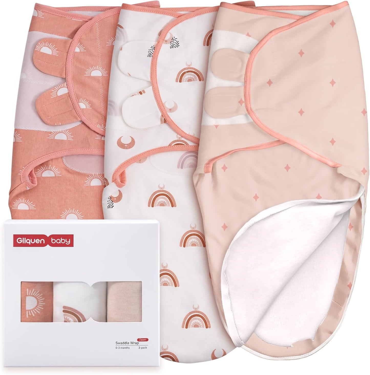 GLLQUEN BABY 3-Pack Baby Swaddle Sleep Sacks with Zipper for Newborn - Baby Swaddles 0-3 Months, Infant Swaddling Sack, Rainbow & Sun, Swaddles Blanket Wrap (Small/Medium)