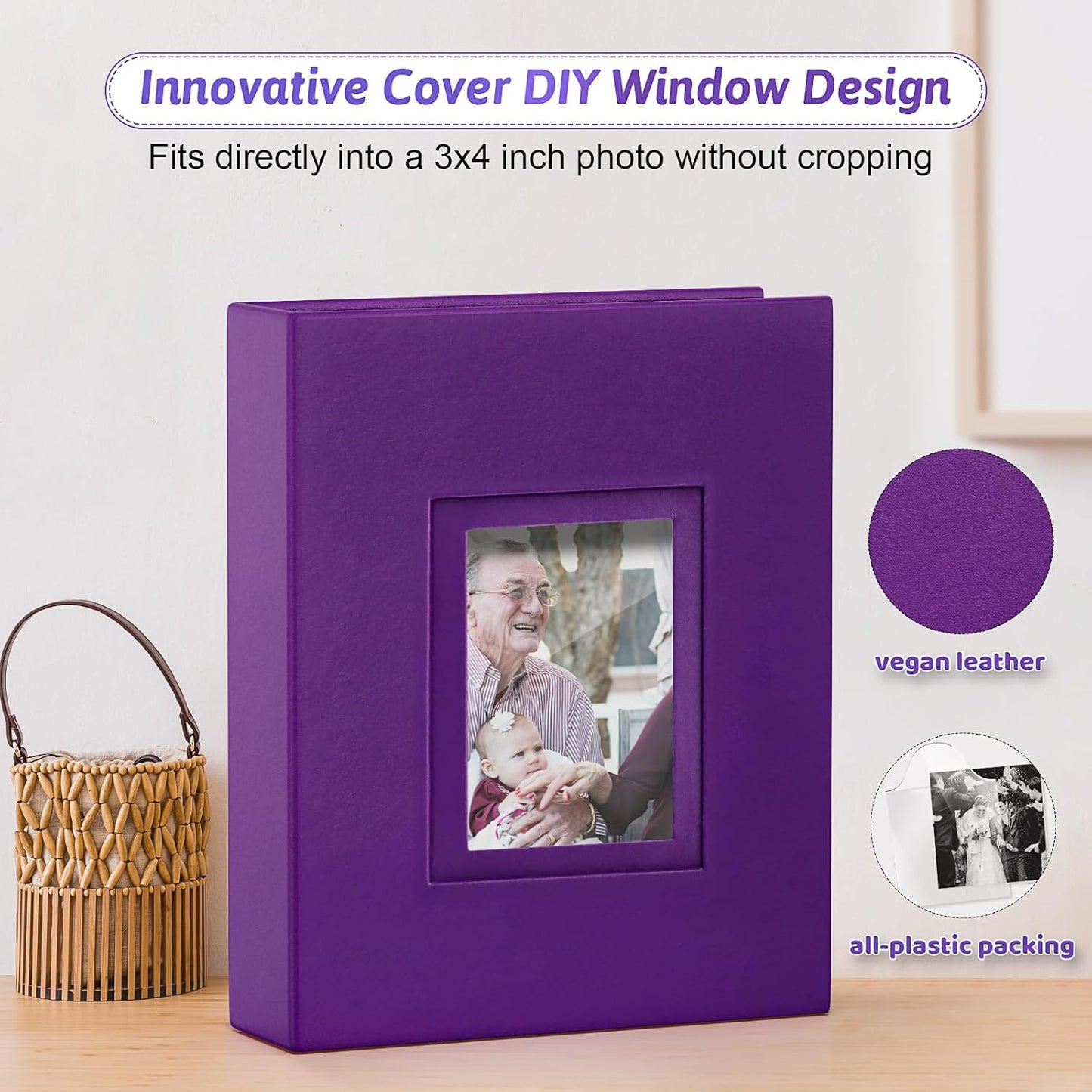 Popotop Photo Album 4x6 100 Pockets with Leather Hardcover Cover, Small Photo Album Holder Book with 50Pcs Pages for Family Travel Wedding Baby Gifts