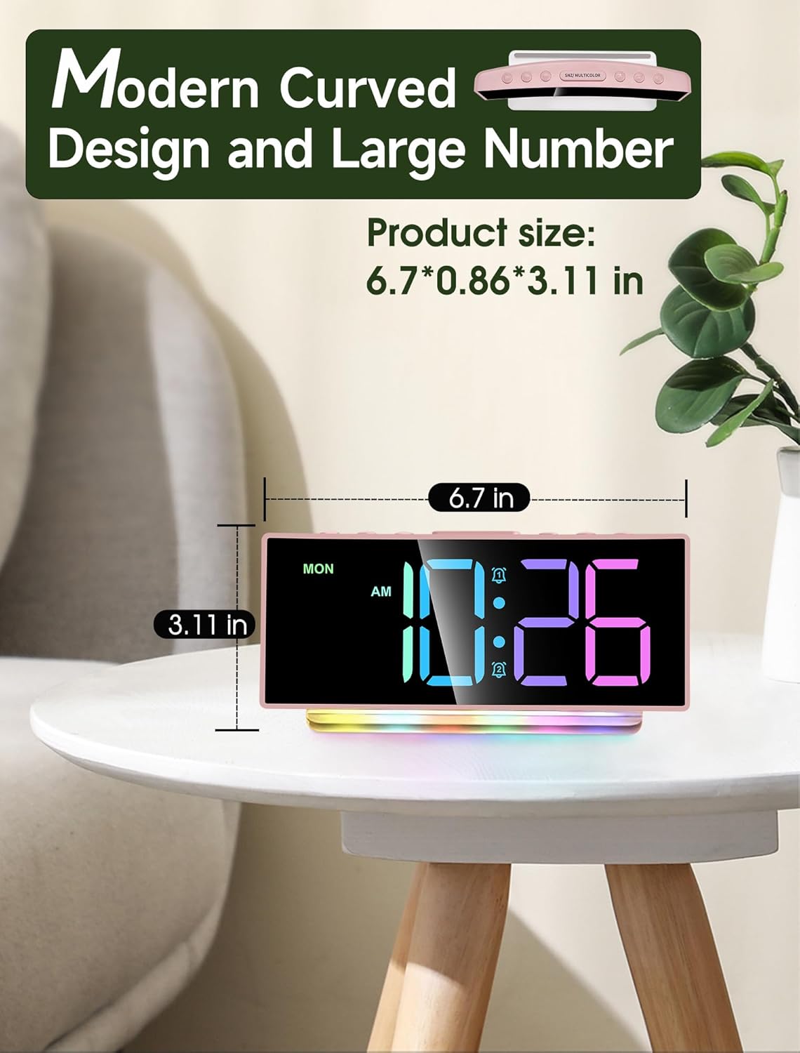 Cadmos Modern Curved Cute Digital Alarm Clock,Colorful Led Display,Adjustable Volume,Weekday/Weekend Mode,Simple Clock for Bedrooms Bedside,Ok to Wake Up for Girls,Kids,Teens (Pink+Dynamic)