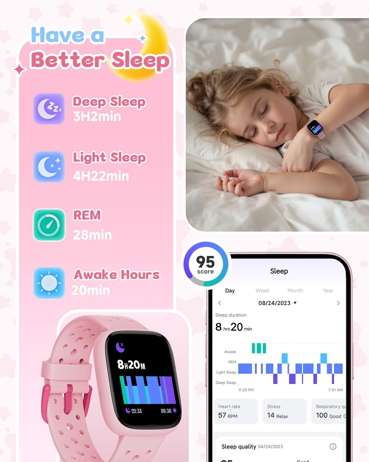 Kids Watch for Girls 5-12, Kids Smart Watch Fitness Tracker Pedometer, No Phone Needed, Puzzle Games with Parental Control, IP68 Waterproof, Heart Rate, Sleep Monitor, Step Counter, 80 Sports