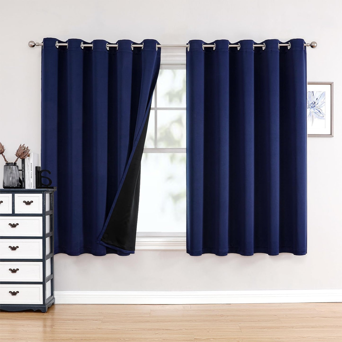 ChrisDowa 100% Blackout Curtains 63 inch Long for Bedroom with Black Liner, Extra Wide 2 Thick Layers Total Blackout Thermal Insulated Grommet Window Curtains 2 Panels Set (Navy Blue, 60 x 63 Inch)