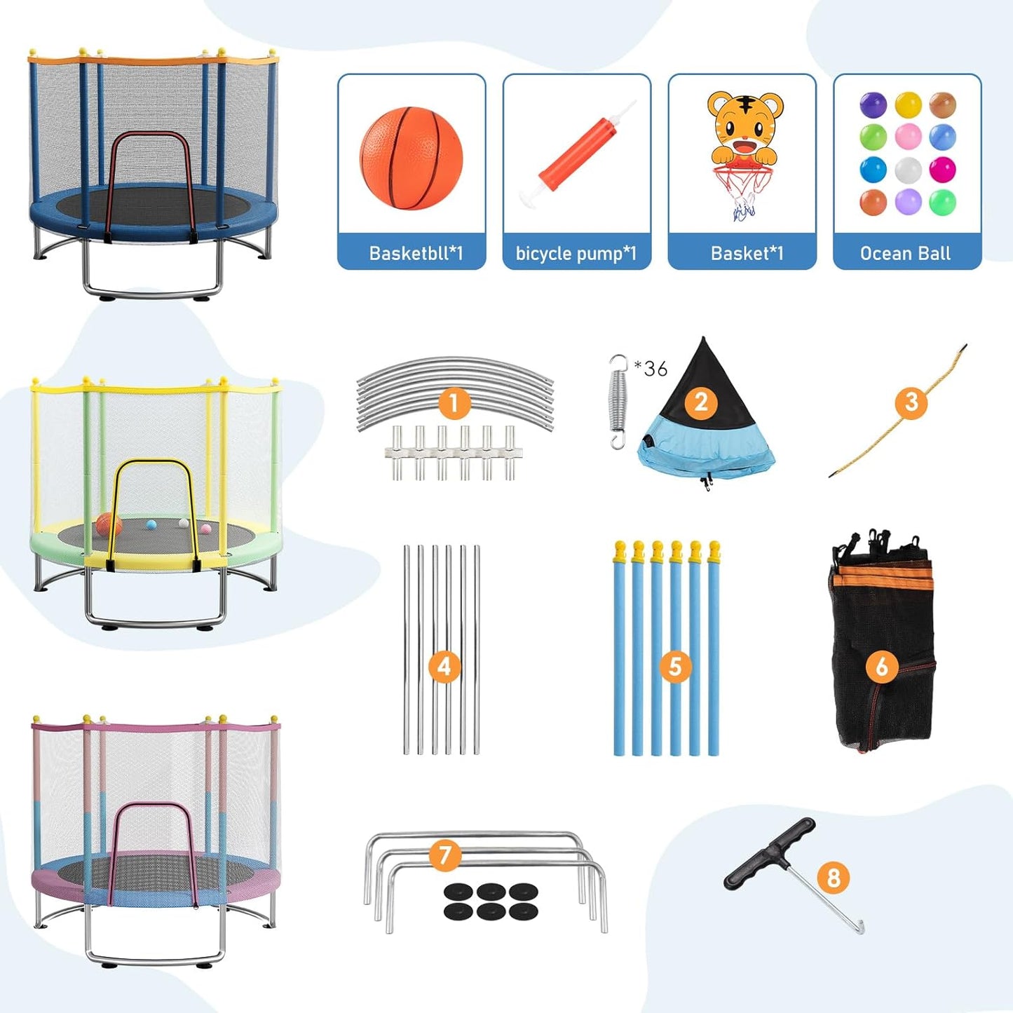 Kids Trampoline with Safety Net – 440lbs Capacity, Upgraded Rust-Proof Ring Legs, Adjustable Gymnastics Bar & Toys – Indoor Outdoor Toddler Trampoline for Boys & Girls Ages 1-8