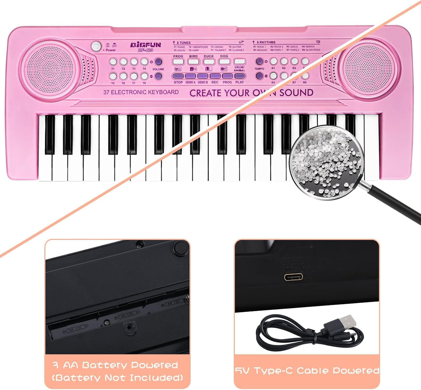 Raimy 37 Keys Keyboard Piano for Kids, Portable Keyboard Piano Early Learning Educational Electronic Musical Instrument Toys Gifts for 3 4 5 6 7 8 9 Year Old Boys and Girls (Pink)