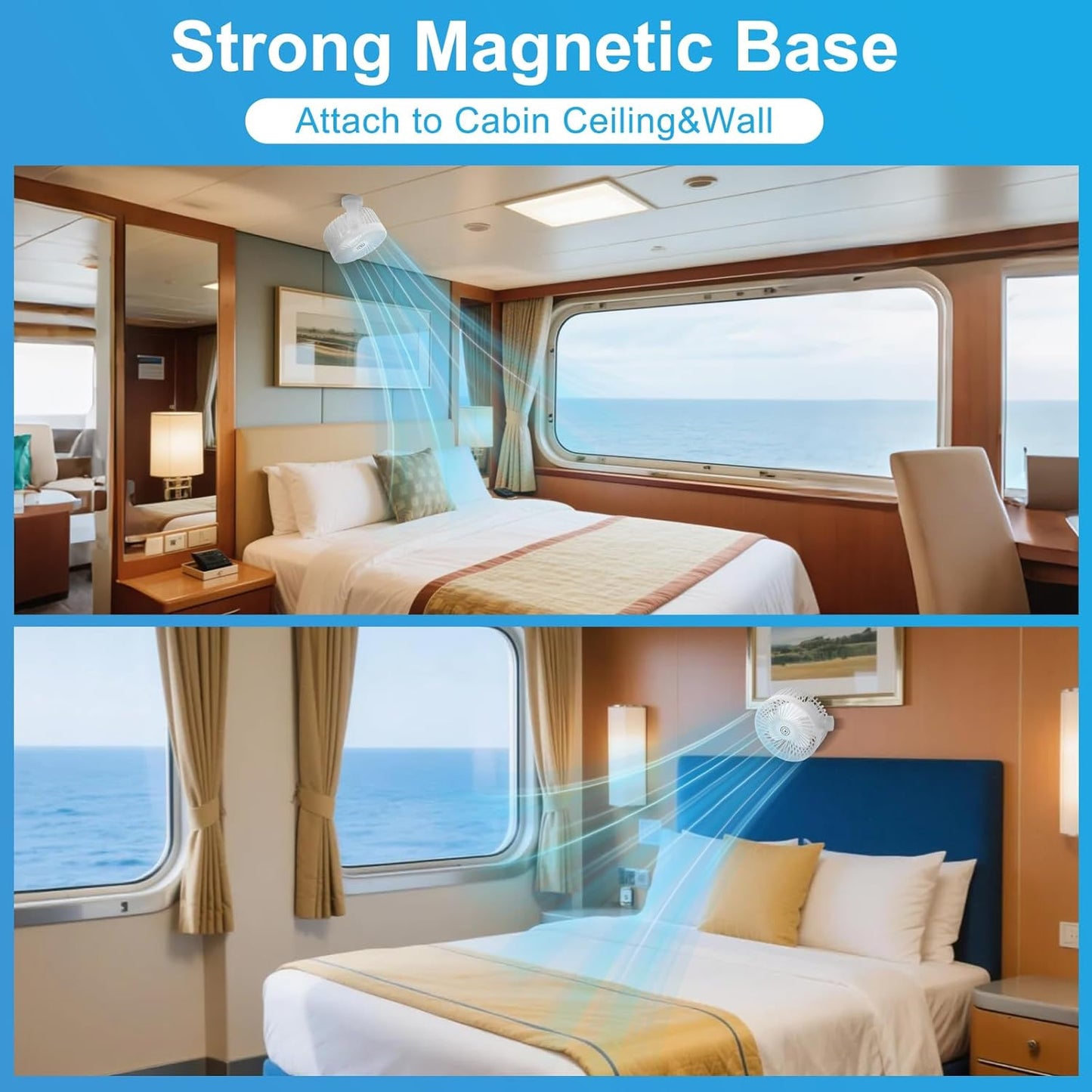 Magnetic Cruise Fan with 12000mAh Battery - Portable Cabin Air Circulator, 3-Speed LED Desk Fan with Timer, Power Bank & Ceiling/Wall Mount, Cruise Ship Approved for Travel (White)