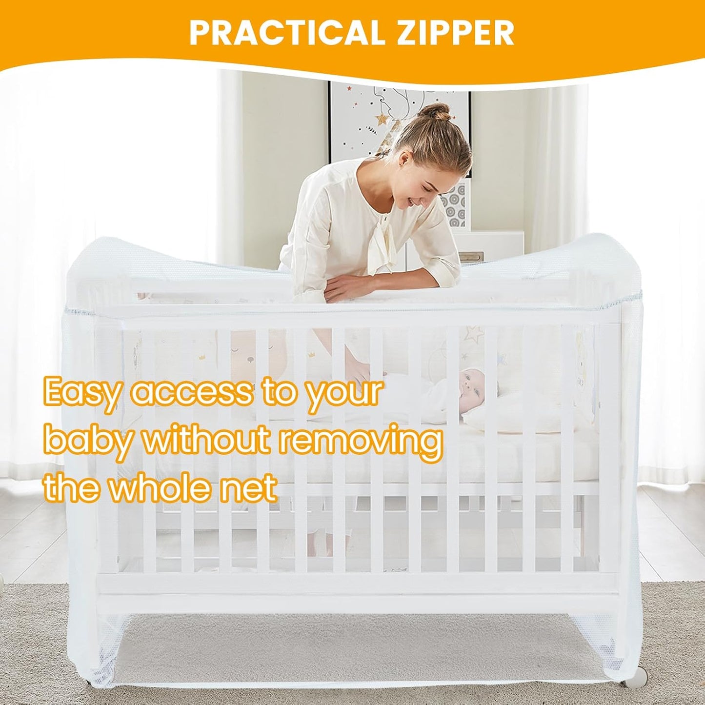 Orzbow Baby Crib Tent to Keep Baby from Climbing Out, Encrypted Mosquito Net for Crib, Crib Net with Two-Way Zippers, Durable and Breathable Mesh Cover, Falls and Mosquito Bites, White