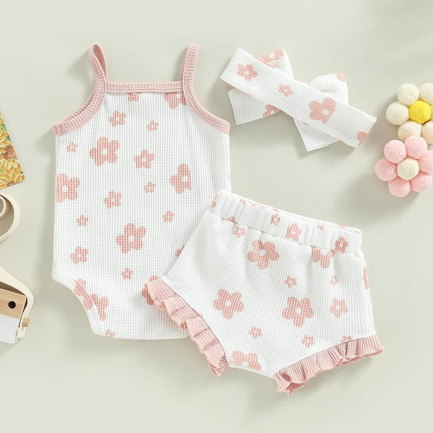 fhutpw Baby Girl Clothes Summer Cute Outfits 3 6 12 18 Months Spaghetti Strap Romper & Floarl Shorts Sets