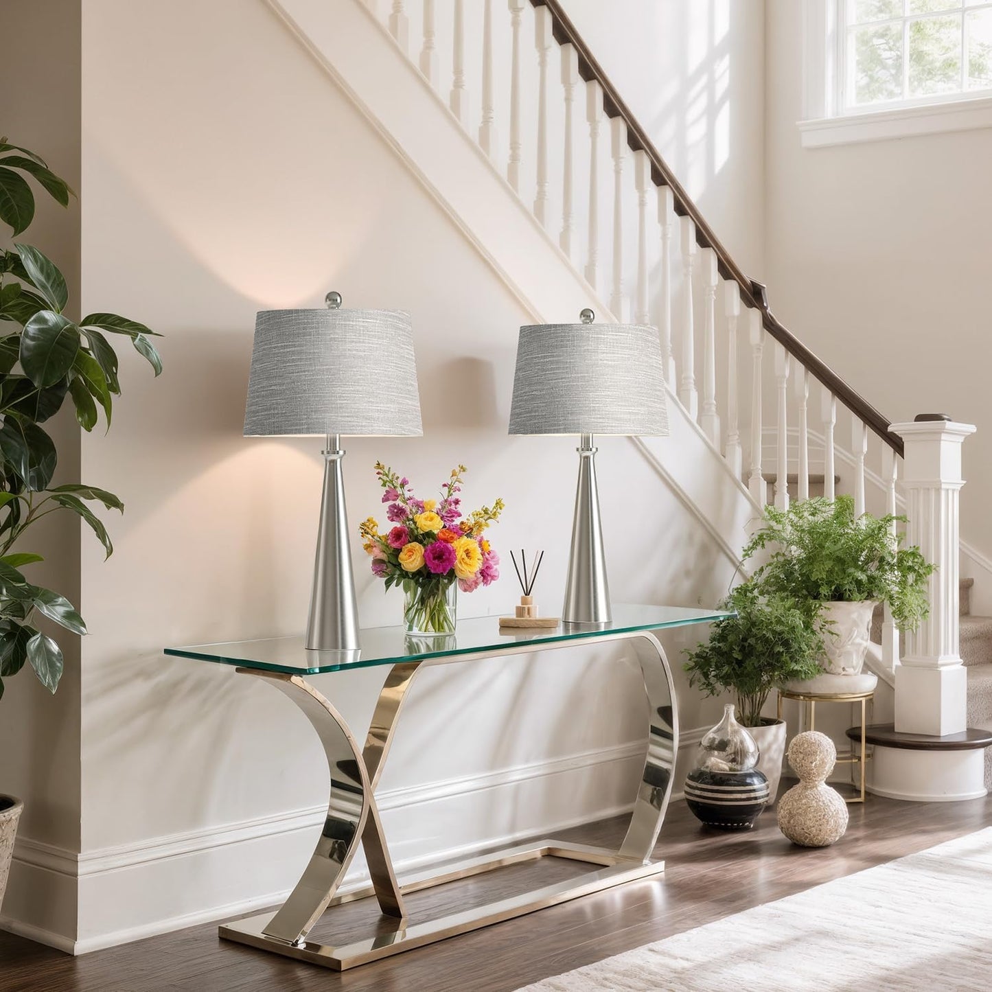 Oneach 25.75" Table Lamps Set of 2 for Living Room Bedroom, Bedside Lamp 3-Way Dimmable Touch Control, Modern Silver Nightstand Light Fabric Shade Vintage Accent Style