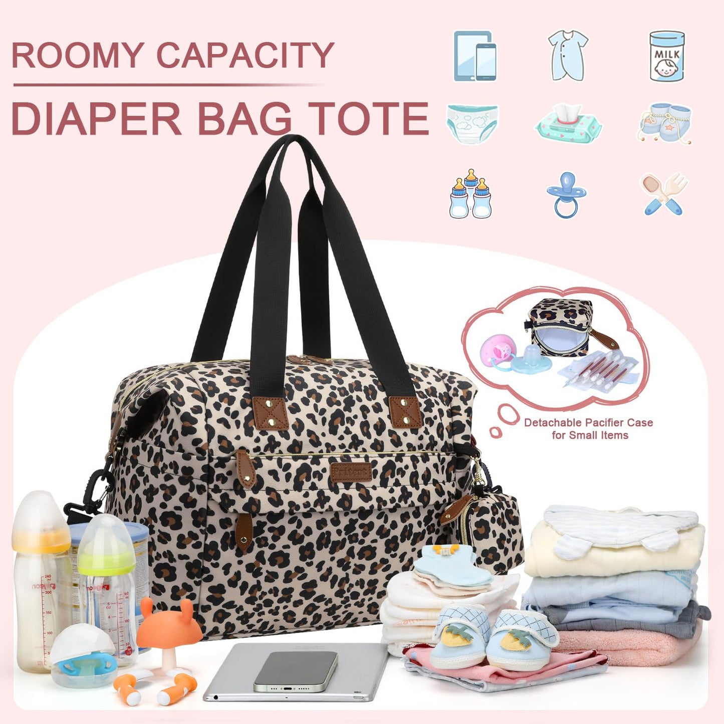 Diaper Bag Tote - Diaper Baby Bags with Pacifier Case, Shoulder Straps, Stroller Clips, Waterproof Large Mommy Maternity Travel Baby Bag for Mom and Dad, Leopard, Medium