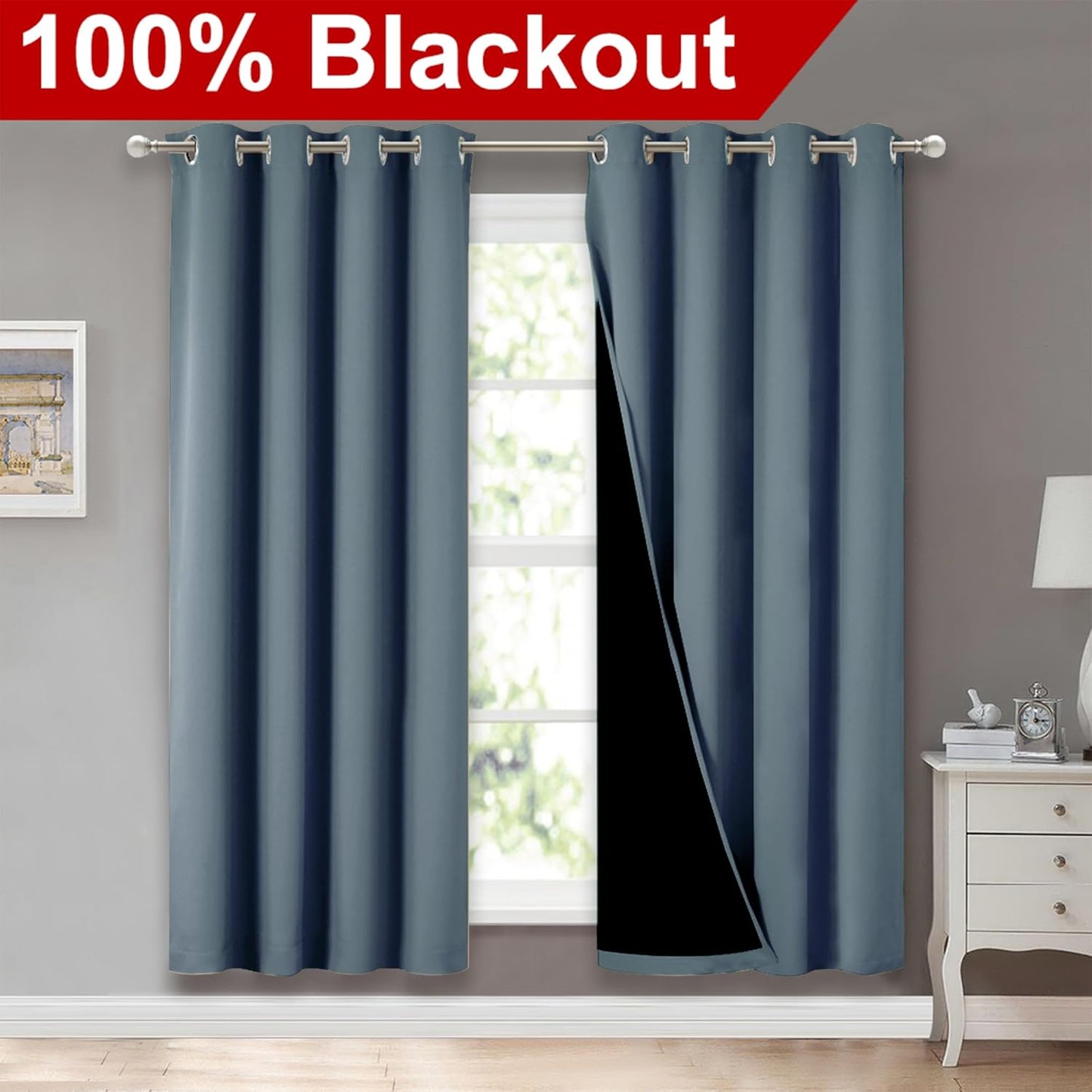 NICETOWN 100% Blackout Window Curtain Panels, Smoky Blue, 2 Pieces, 52-inch Wide Per Panel, Full Light Blocking Drapes with Black Liner for Nursery, 72-inch Drop Thermal Insulated Draperies